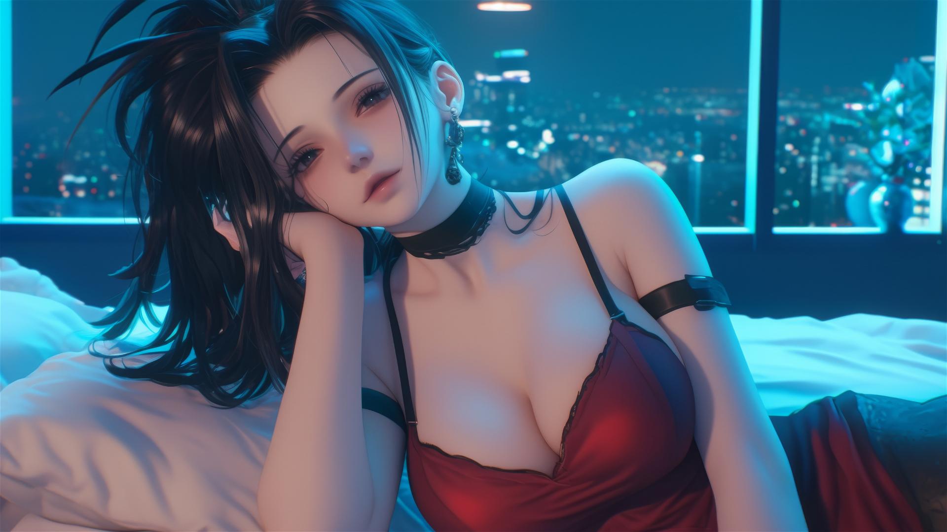 Momo Yaoyorozu in a modern hotel room with neon light glow.