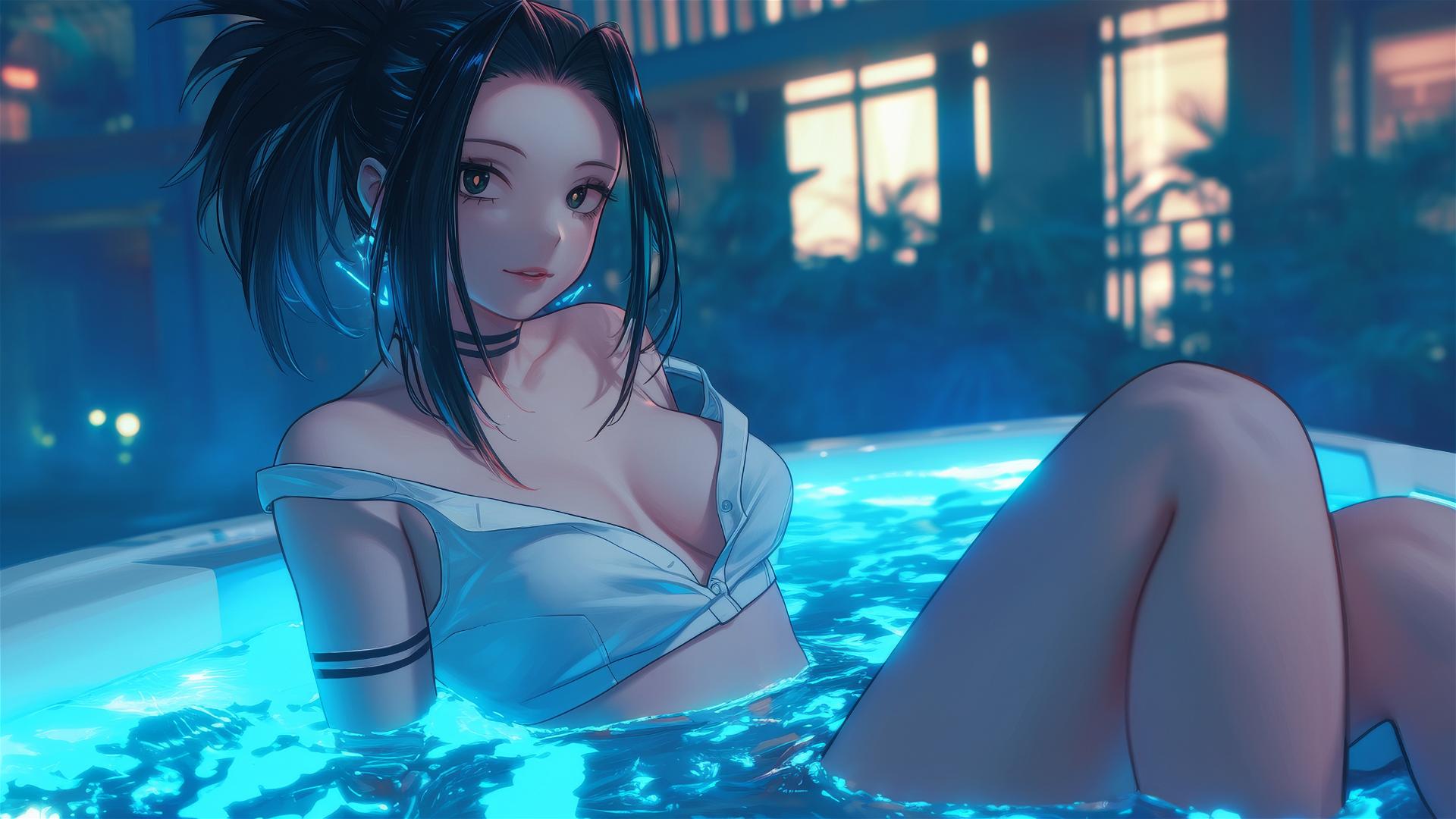 Momo Yaoyorozu from My Hero Academia, in a modern hotel tub, under neon light.