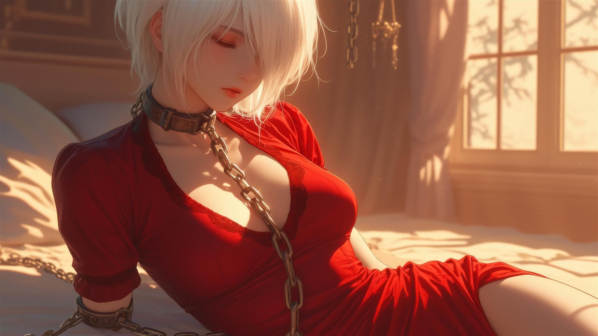 2B from Nier in red attire, neck chained, in a modern hotel room with warm lighting.