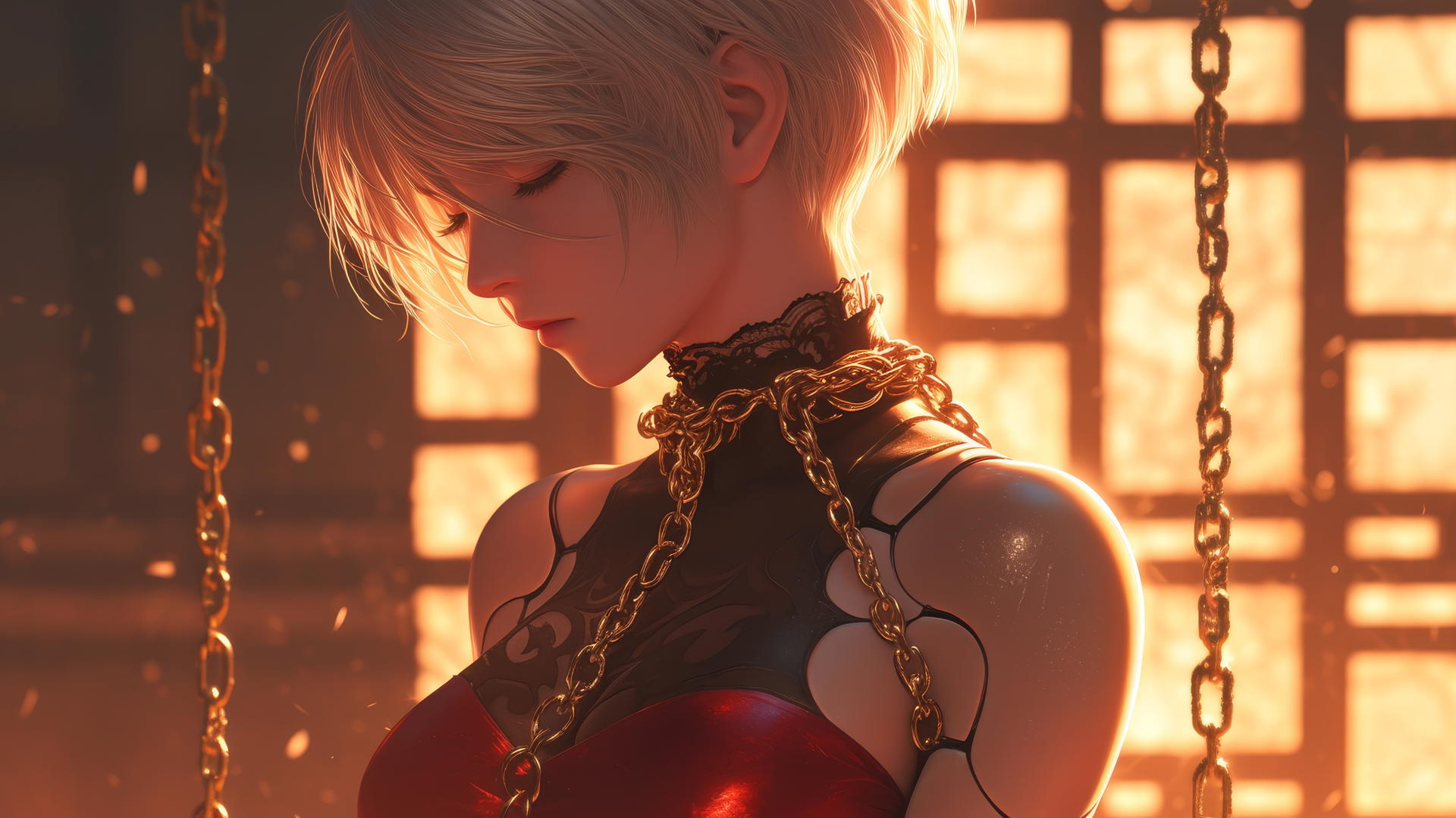 2B from Nier with neck locked in thick iron chains, wearing all red in a modern hotel room bathed in warm light.