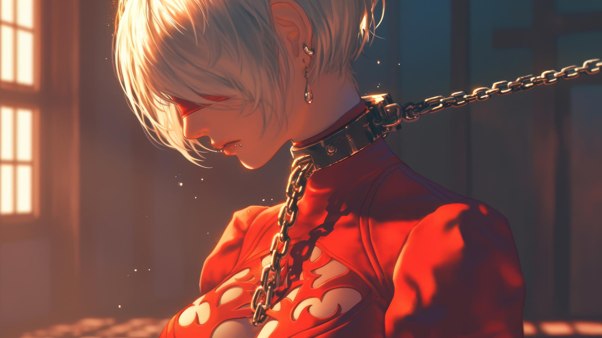 2B from Nier in a modern hotel room, chained, wearing red and a blindfold.