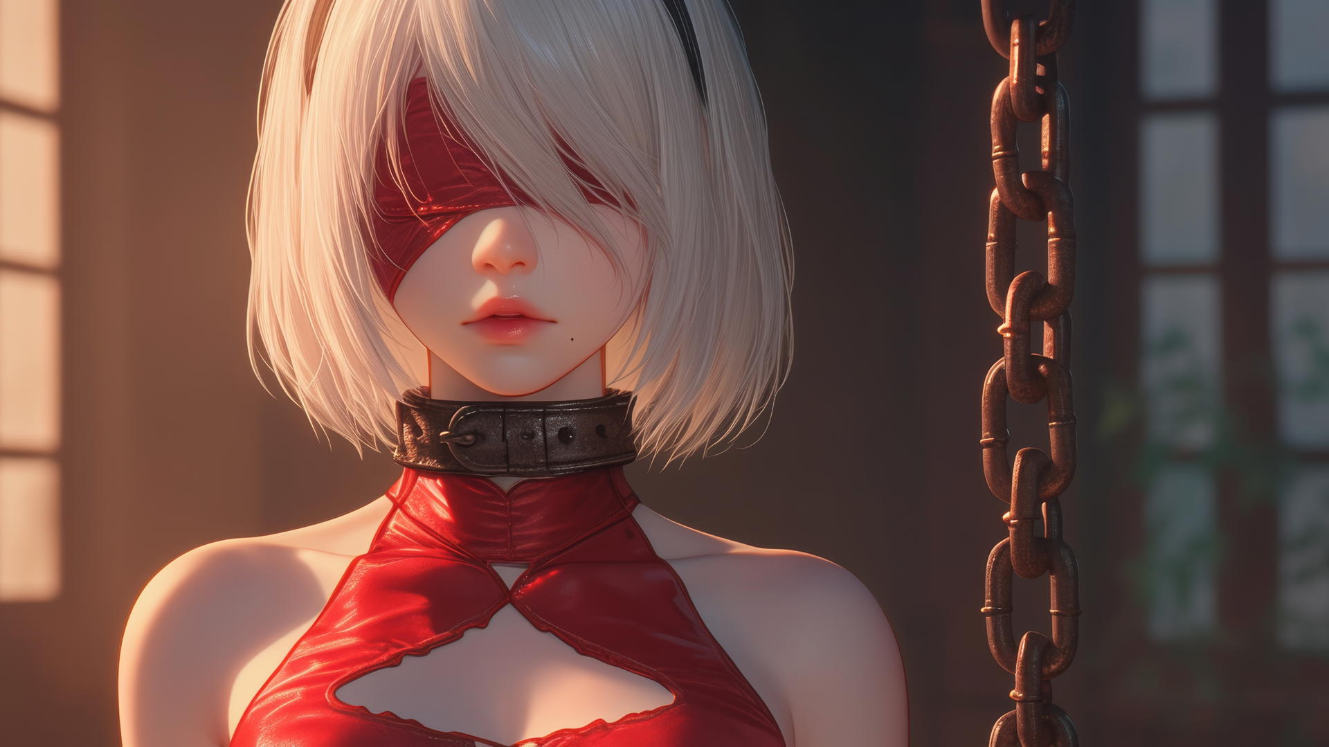 2B from Nier with red blindfold and thick iron chains around neck in warm-lit hotel room