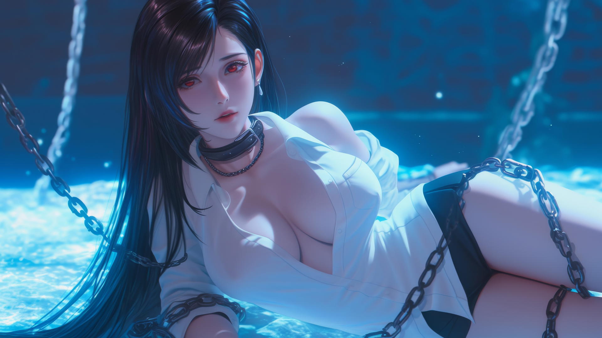 Tifa Lockhart in chains, wearing a white office shirt, in a dark basement with neon light