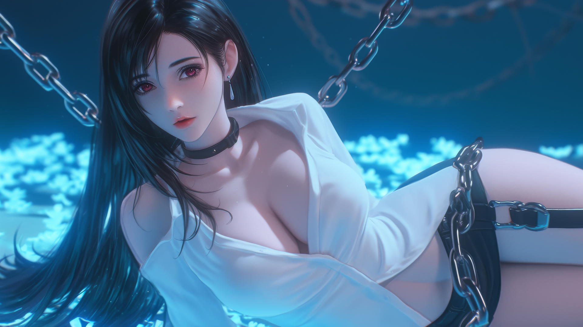 Tifa Lockhart in a white office shirt, chained in a dark basement with neon lighting
