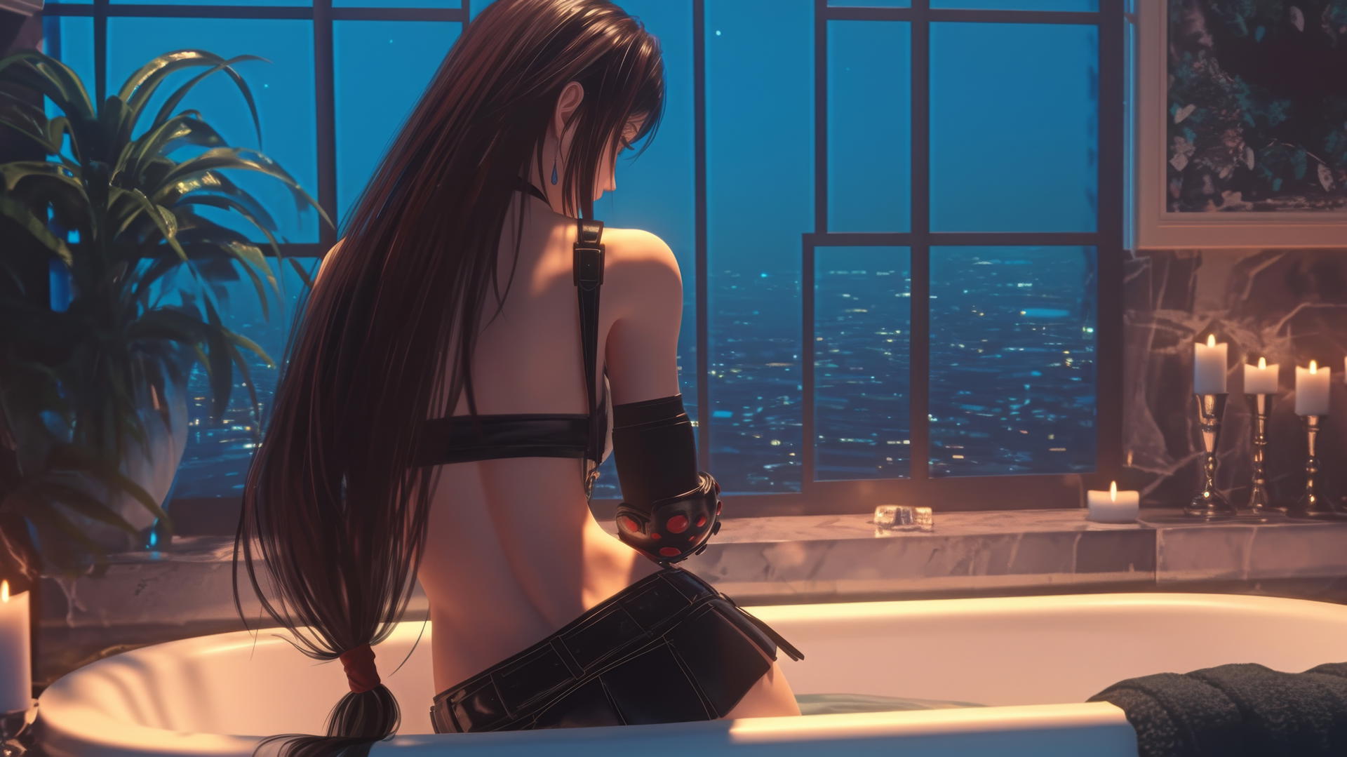 Tifa Lockhart from Final Fantasy in a modern apartment, viewed from behind with warm light.