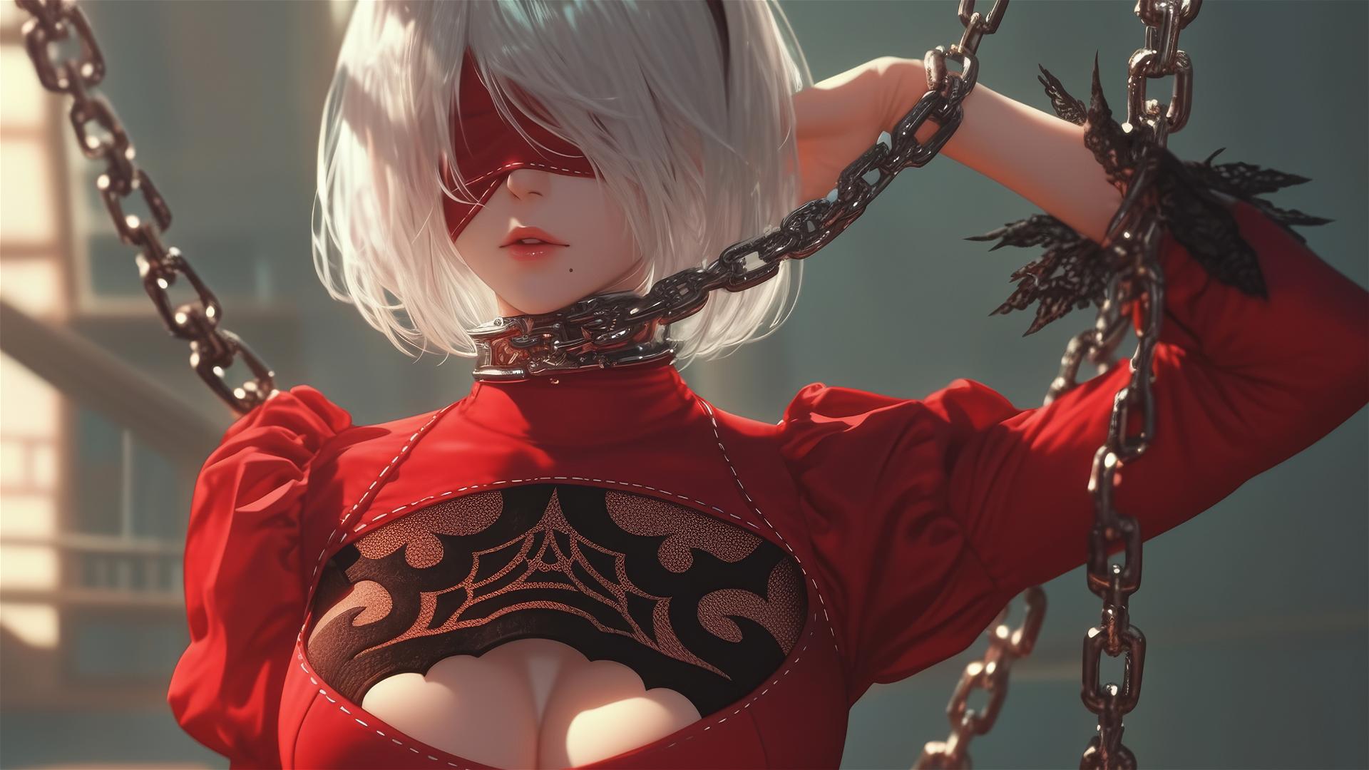 2B from Nier in red attire, neck bound by thick iron chains, in a hotel room.