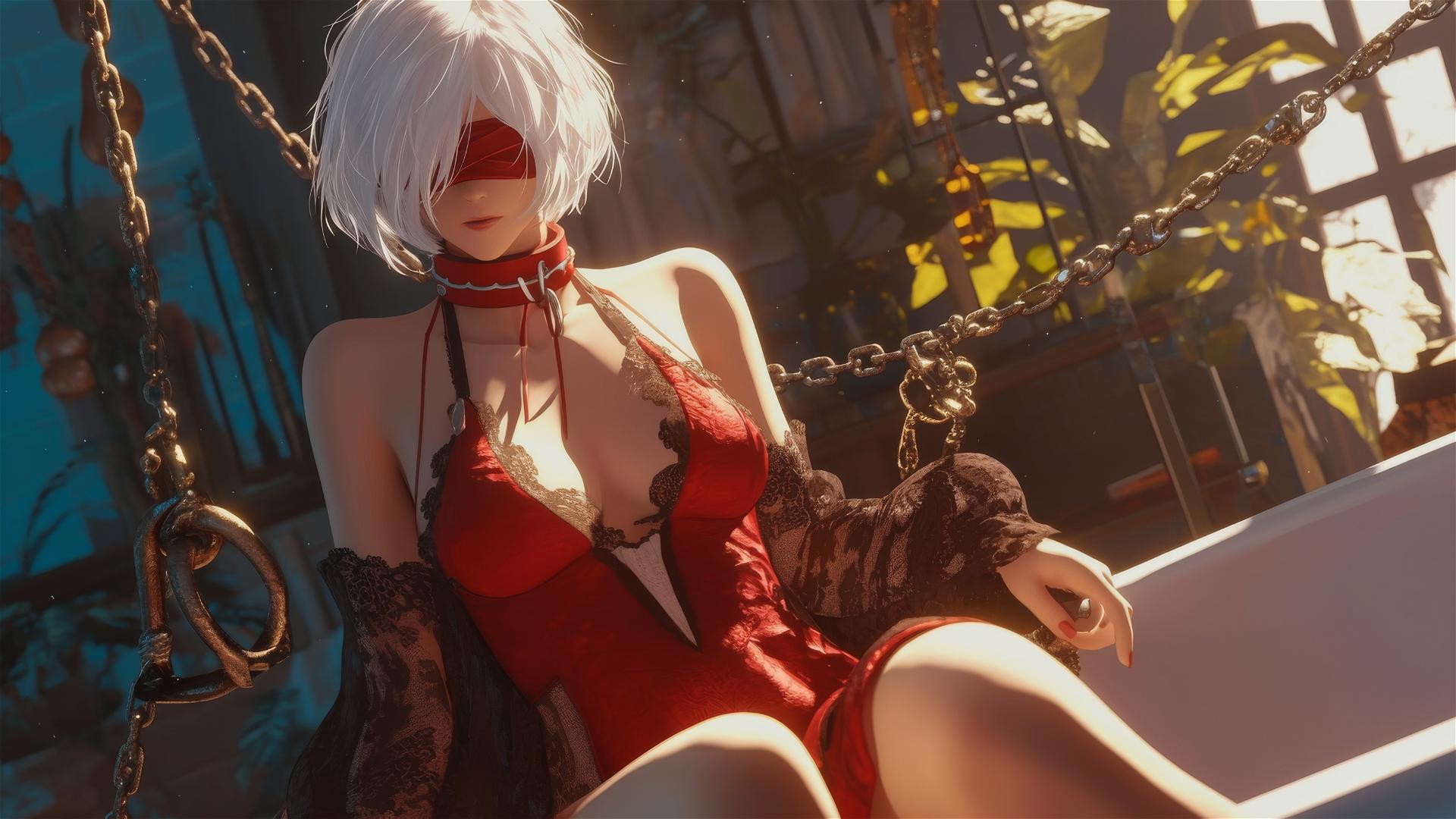 2B from Nier, neck locked with thick iron chains, wearing red, in a tub