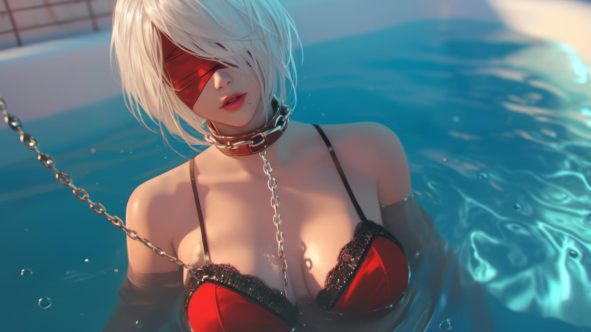 2B from Nier in red attire, chained by neck, in a warmly lit modern apartment