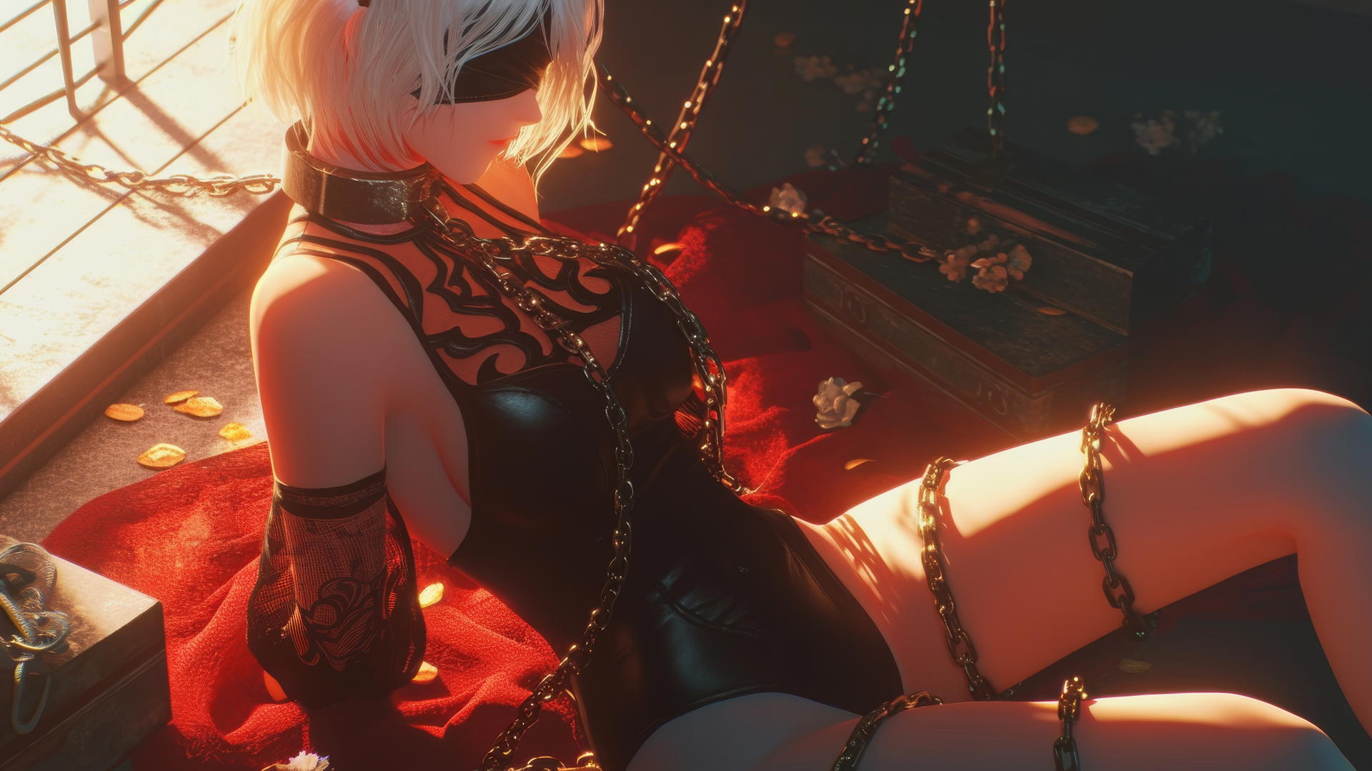 2B from Nier, chained by neck, in warm glowing light, wearing all red