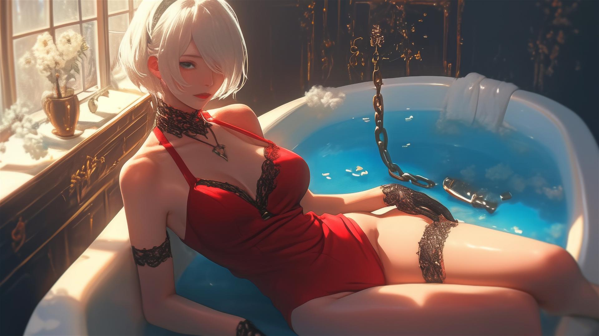 2B from Nier in a tub with neck locked by thick iron chains, wearing all red with a red blindfold, in a modern apartment with warm light highlighting her figure.