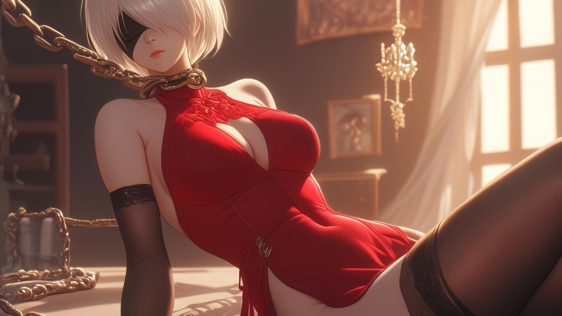 2B from Nier in red attire with iron chains around her neck and blindfold in a modern hotel room.
