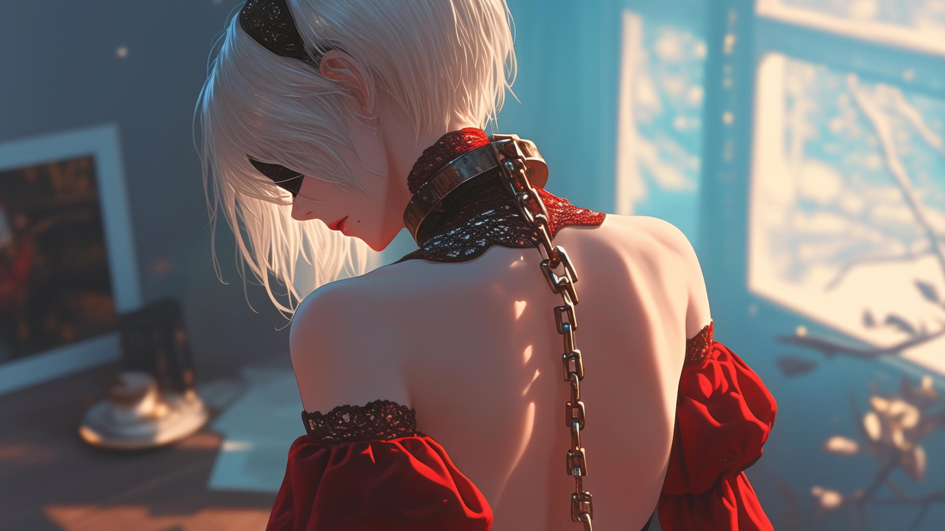 2B from Nier in modern hotel room, wearing red with iron neck chains and blindfold.