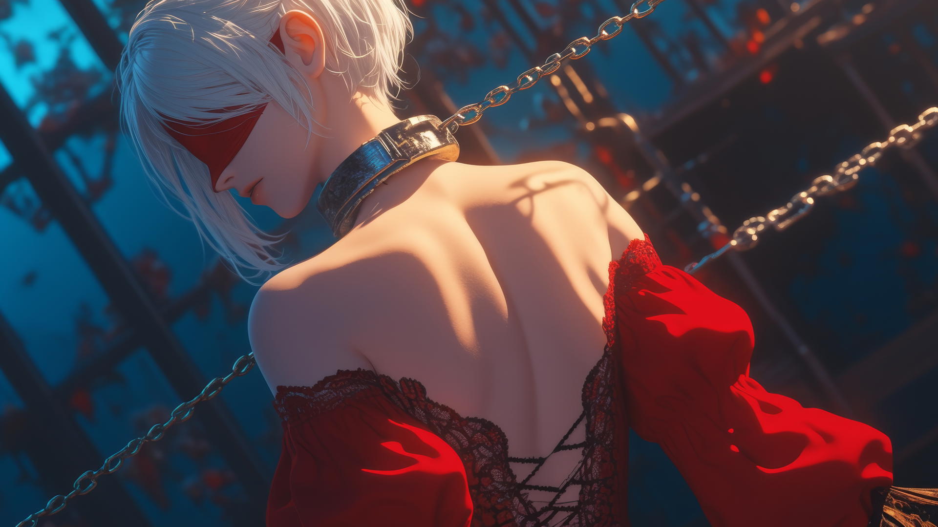 2B from Nier in a modern hotel room, neck locked with iron chains, wearing red.