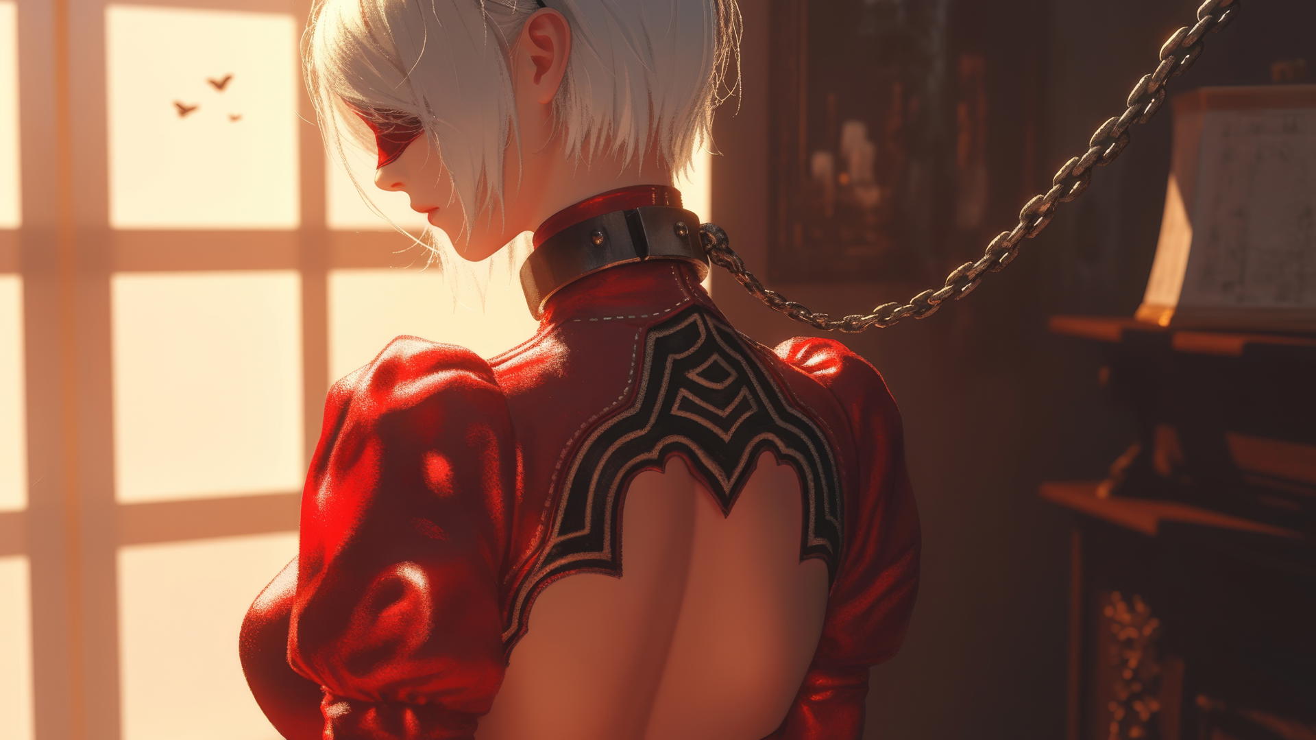 2B from Nier with neck locked by thick iron chains in a modern hotel room, wearing red blindfold and attire, warm light highlights her figure.