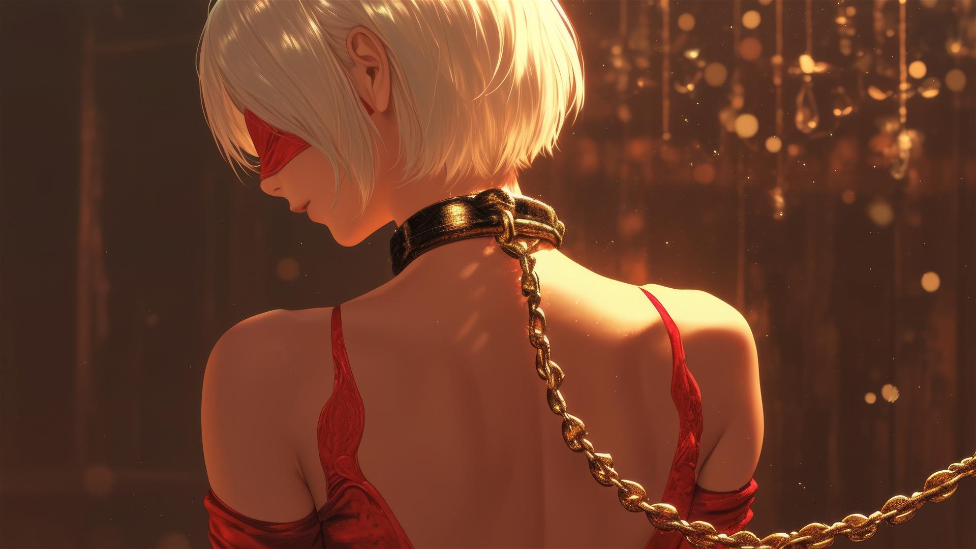 2B from Nier in a modern hotel room, neck locked with iron chains, wearing a red blindfold and outfit