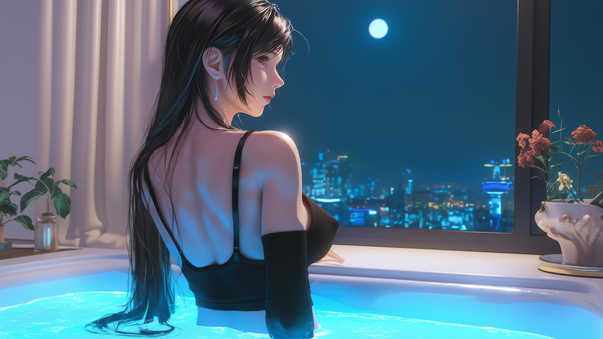 Tifa Lockhart from Final Fantasy in modern apartment bathtub, warm light glowing