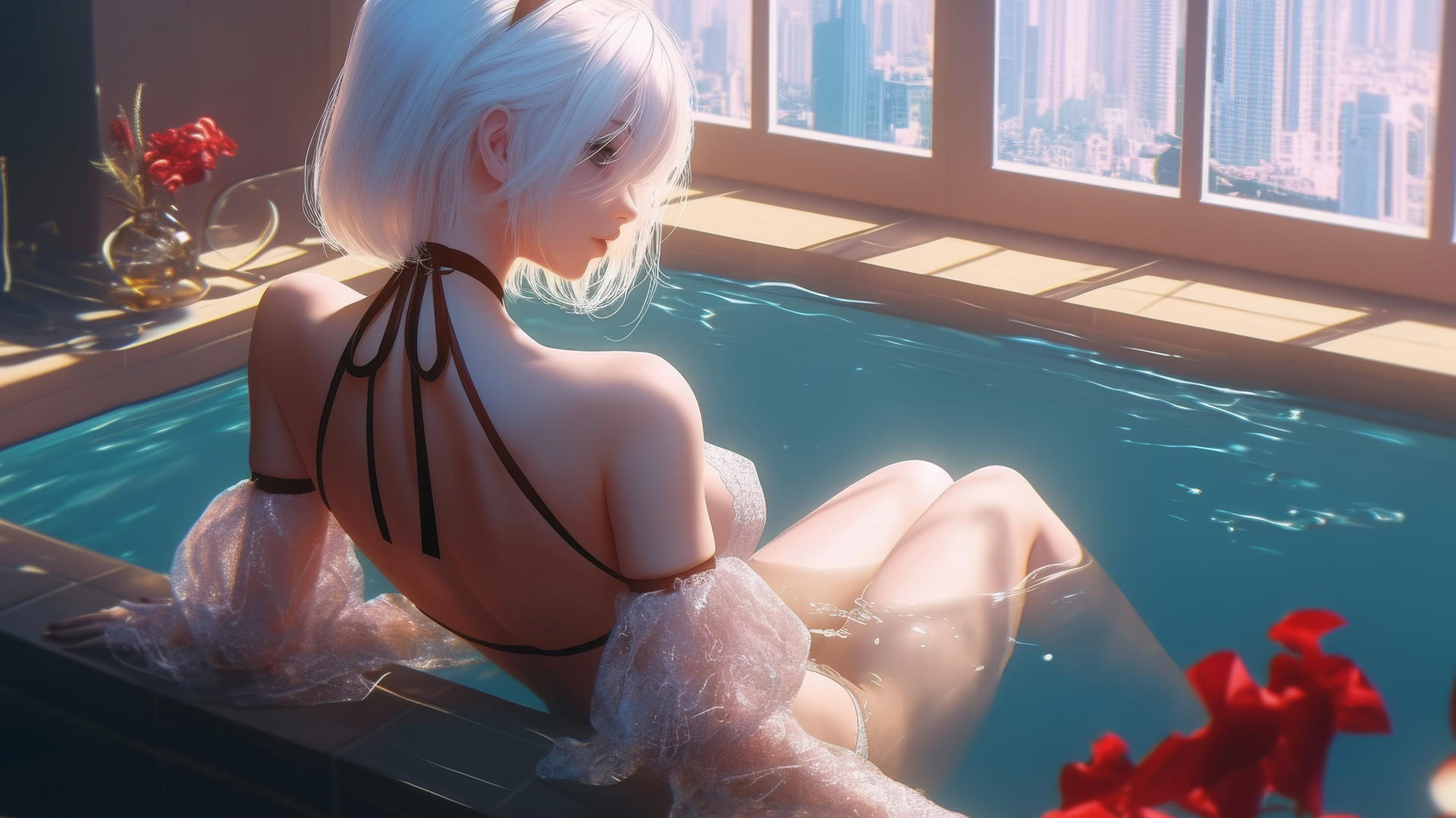 2B from Nier viewed from behind, wearing white, at a tub in a modern apartment with warm light.