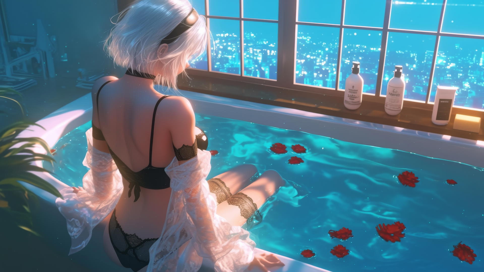 2B from Nier standing in a modern apartment, illuminated by warm light.