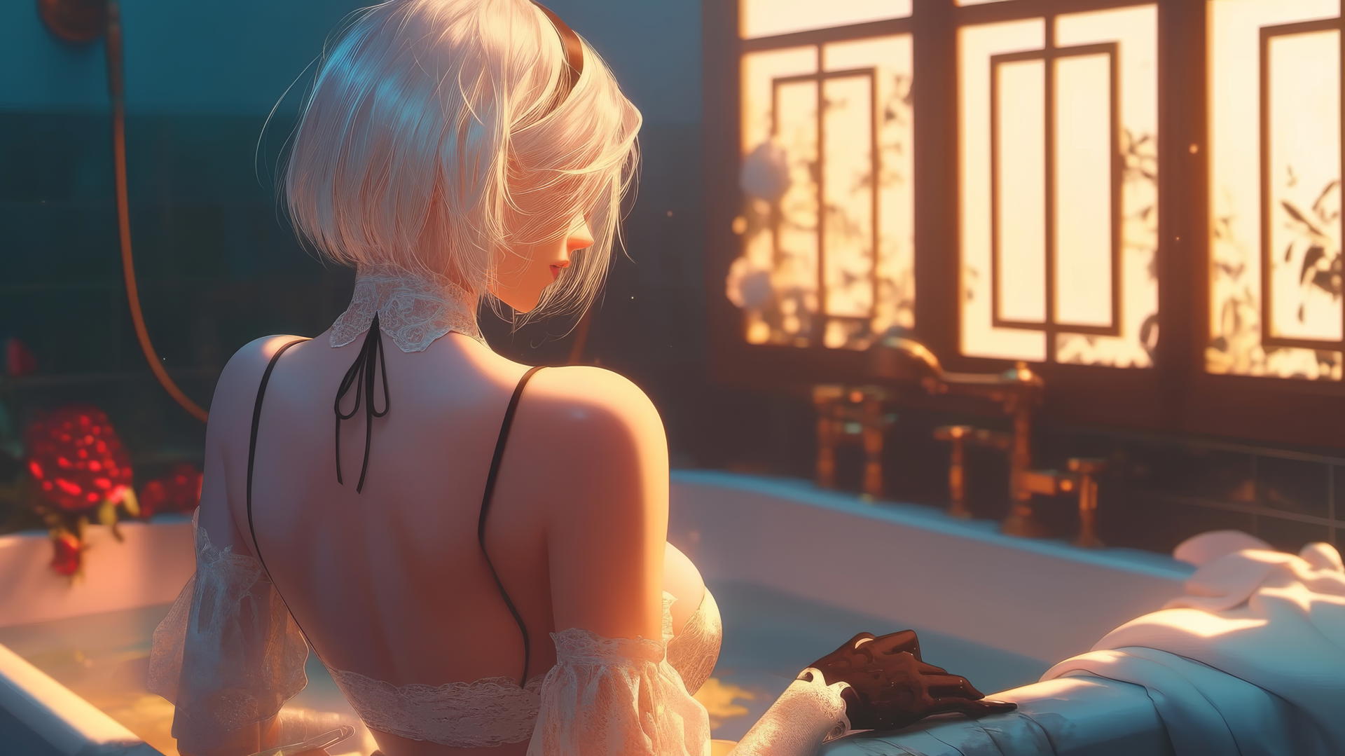 2B from Nier stands in a modern apartment wearing white, back view, warm glowing light.