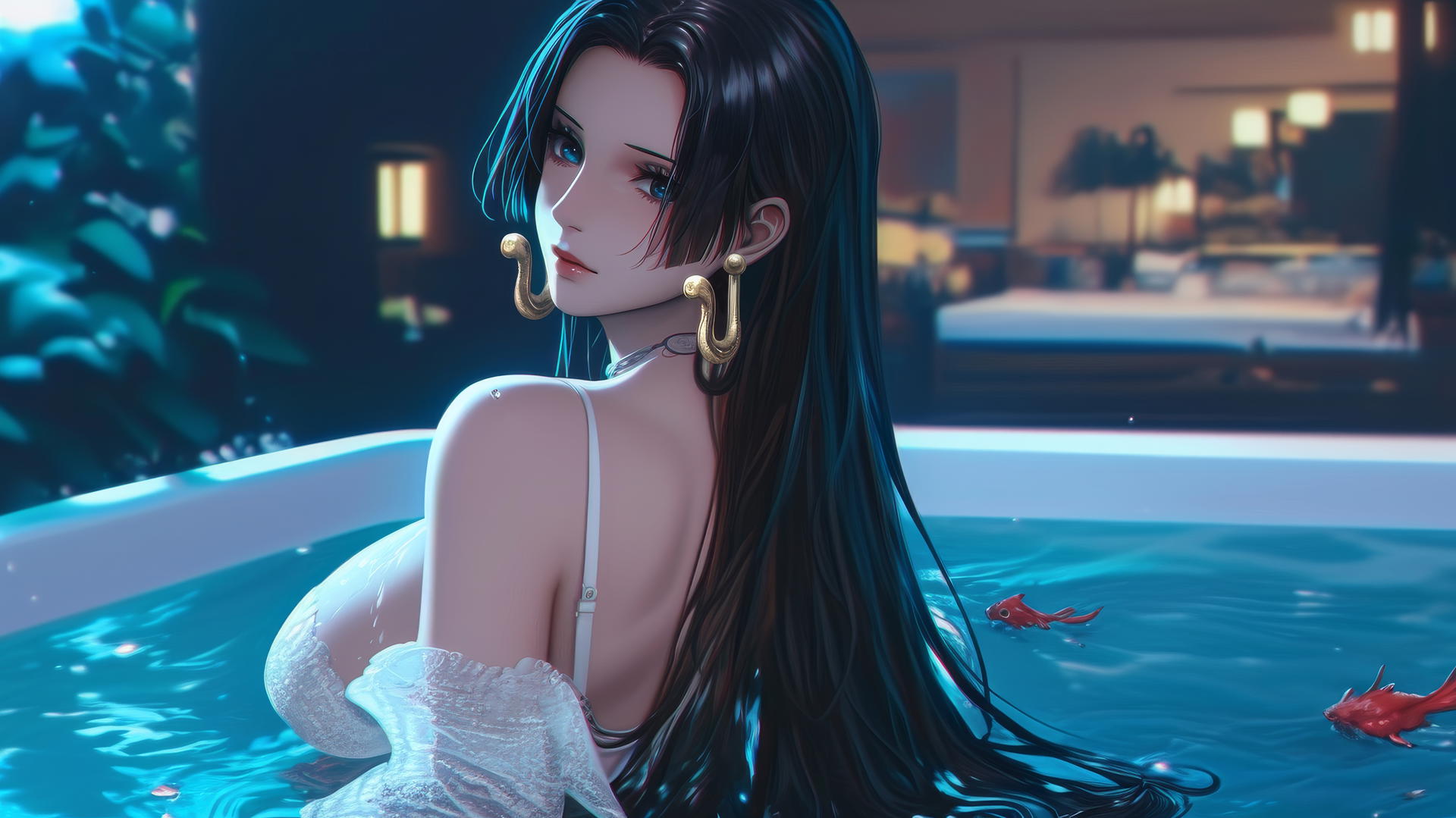 Boa Hancock from One Piece in a white outfit, viewed from behind, standing at a bathtub in a modern apartment with warm light casting a soft glow.