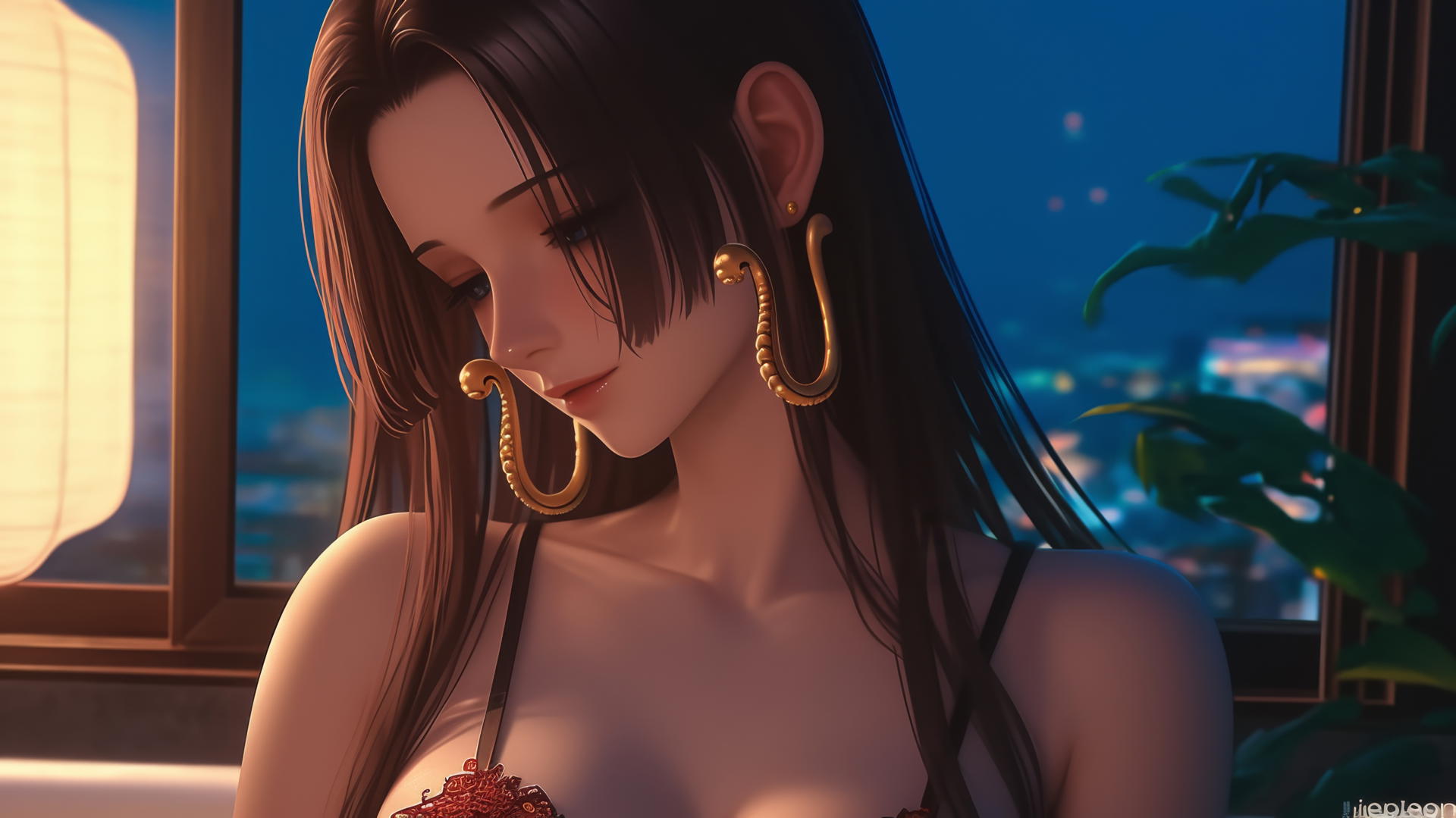 Boa Hancock from One Piece, seen from behind, in a red outfit, in a modern apartment tub, warm light glow.