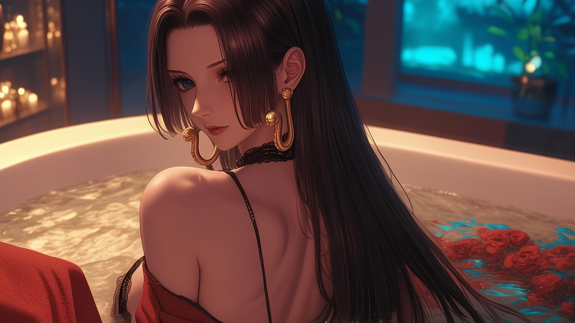 Boa Hancock from One Piece in a red outfit, seen from behind in a modern apartment, with warm light.