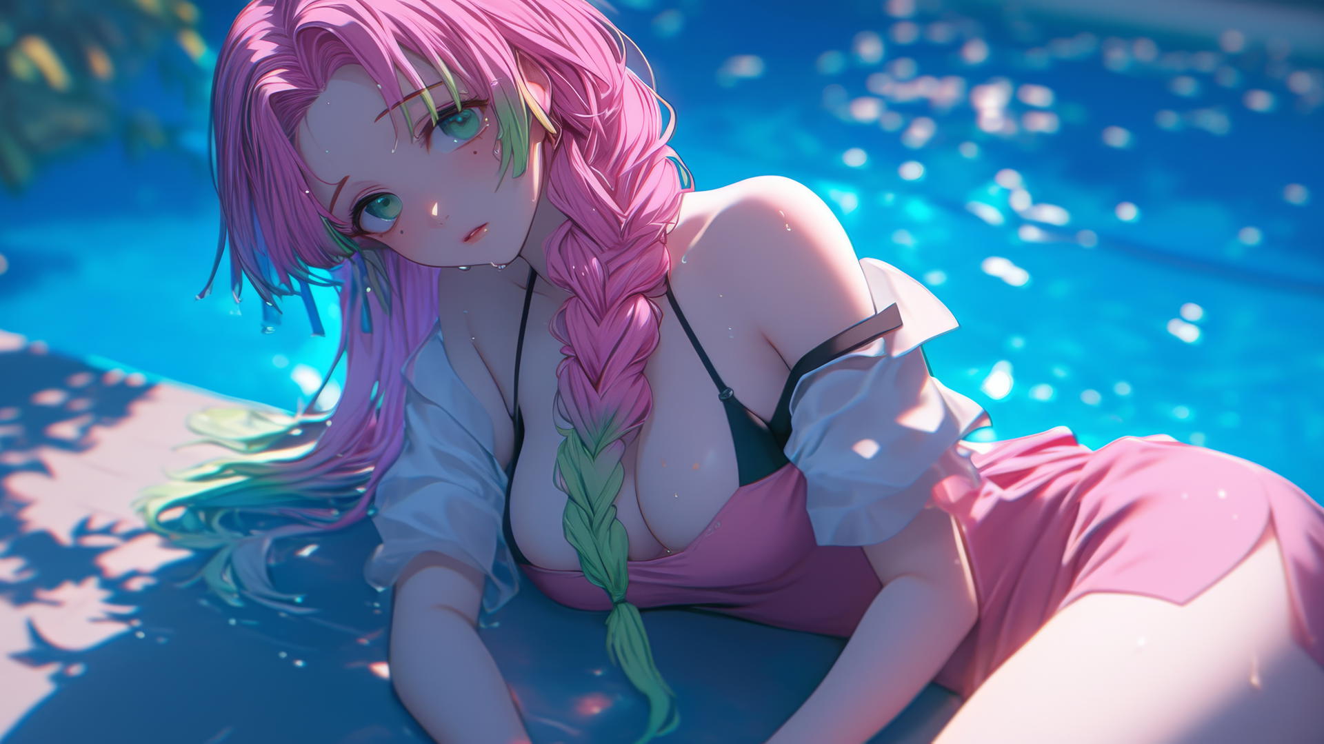Mitsuri Kanroji by a rainy pool with moonlight glow in a pink dress.