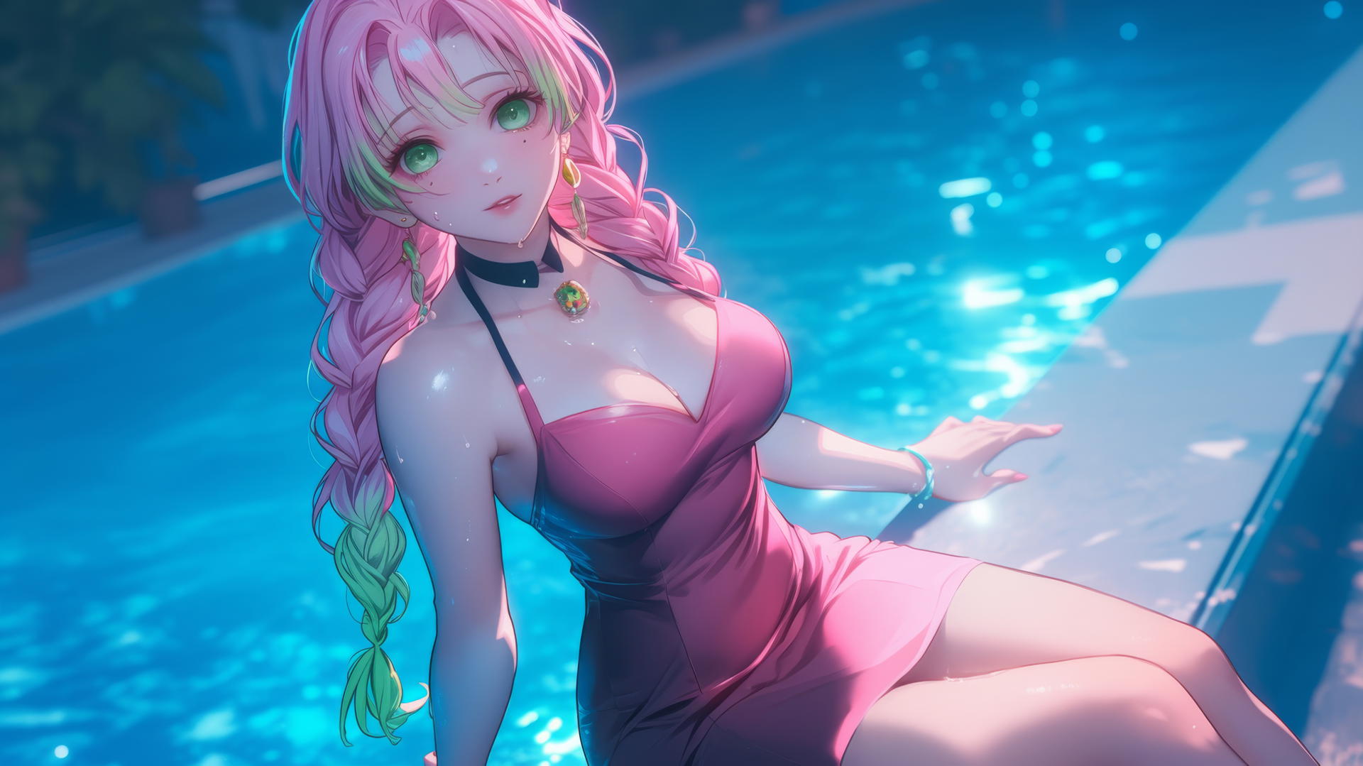 Mitsuri Kanroji resting by a rainy swimming pool under moonlight