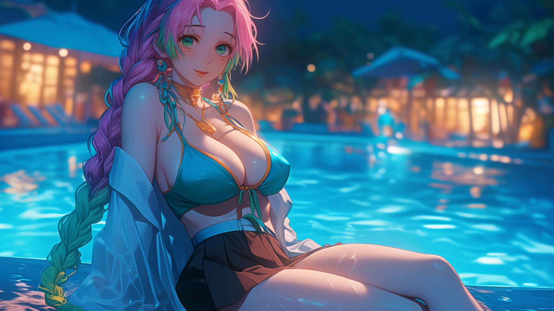 Mitsuri Kanroji resting by a rainy pool, moonlight casting a soft glow.