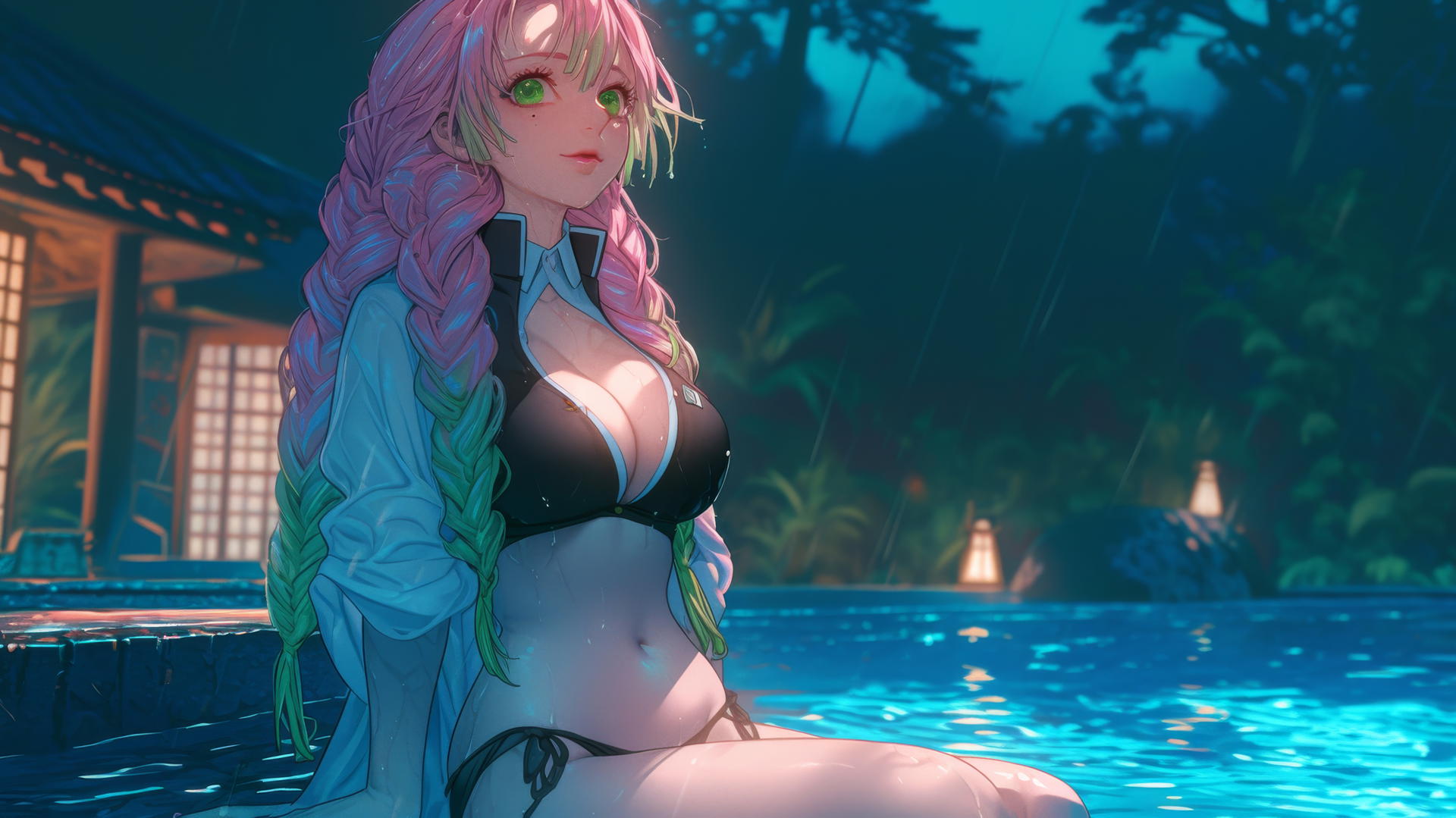 Mitsuri Kanroji resting by a rainy pool under moonlight, pink to green hair