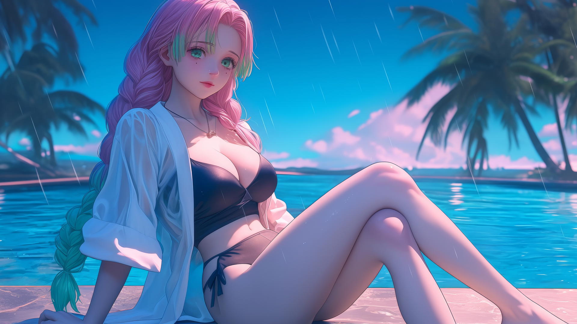Mitsuri Kanroji resting by a rainy swimming pool under moonlight