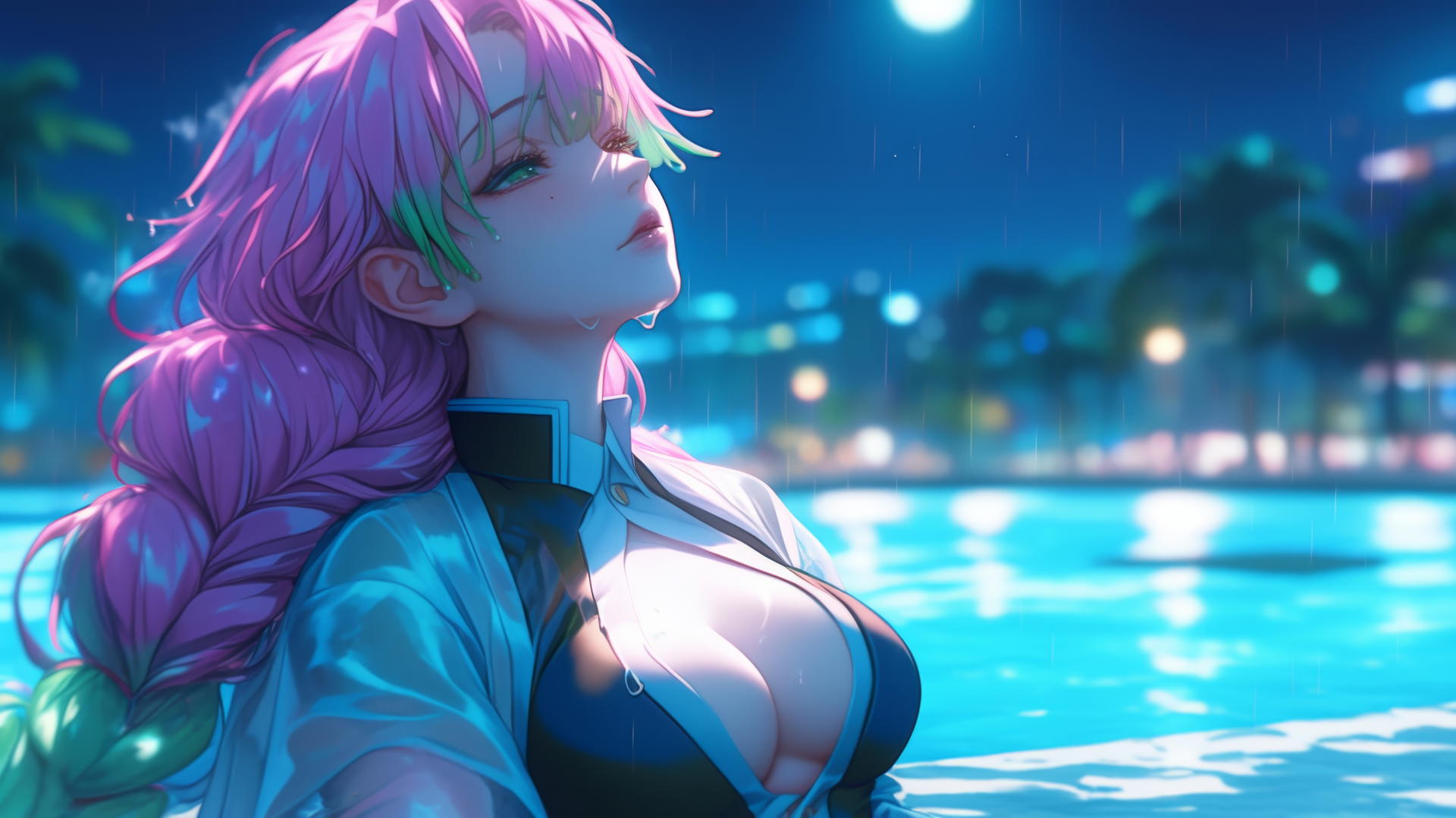 Mitsuri Kanroji from Demon Slayer resting by a rainy swimming pool