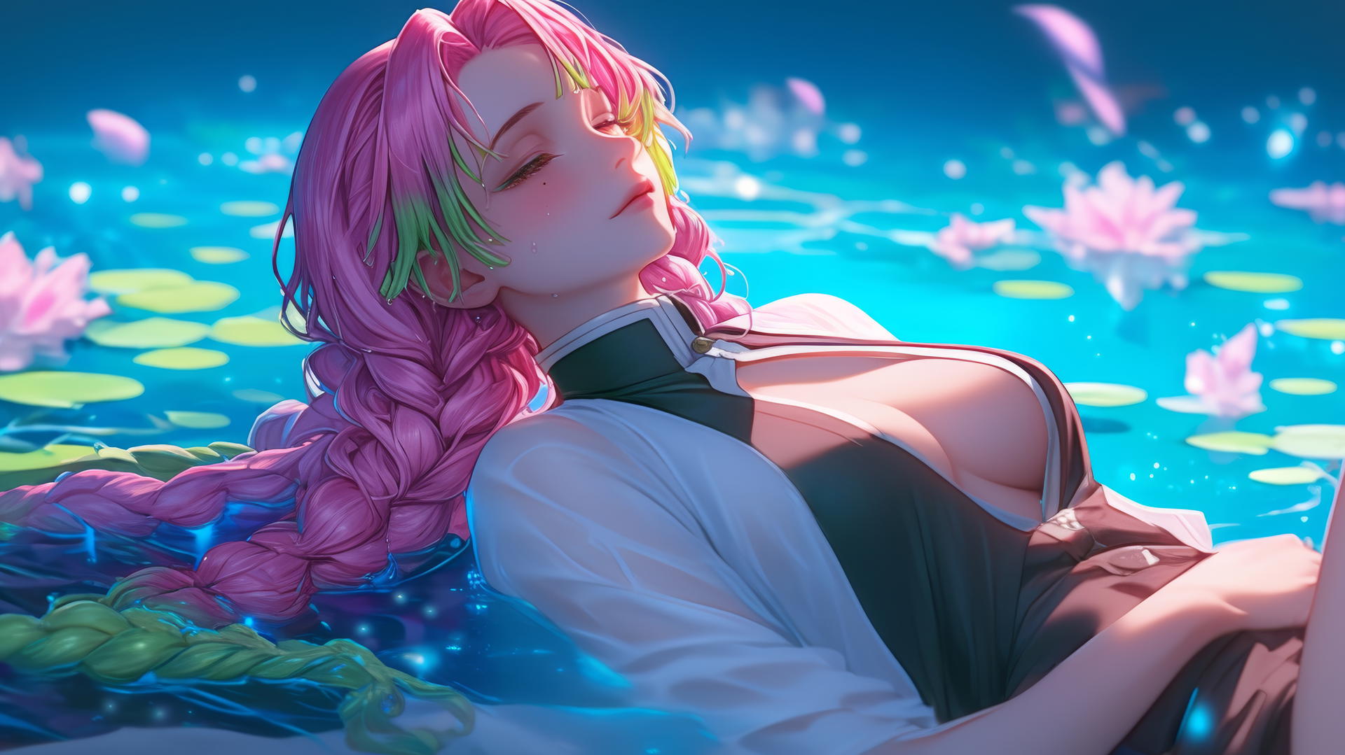 Mitsuri Kanroji from Demon Slayer resting by rainy swimming pool with moonlight glow
