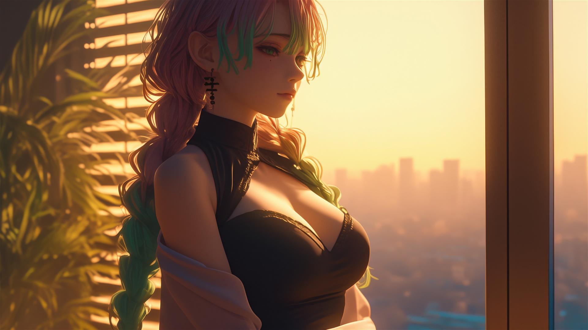 Mitsuri Kanroji from Demon Slayer stands by modern apartment window at sunrise with pink and green hair