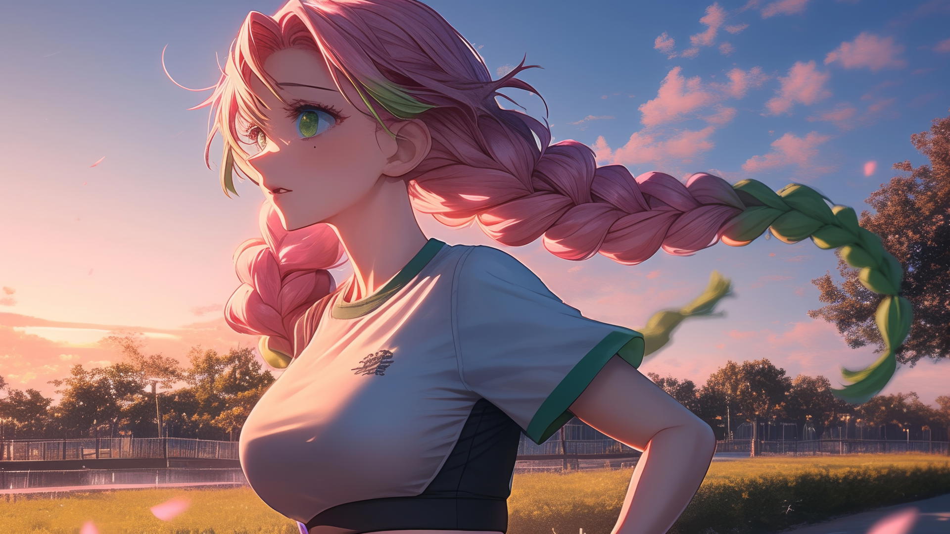 Mitsuri Kanroji from Demon Slayer running in a quiet modern park at sunrise.