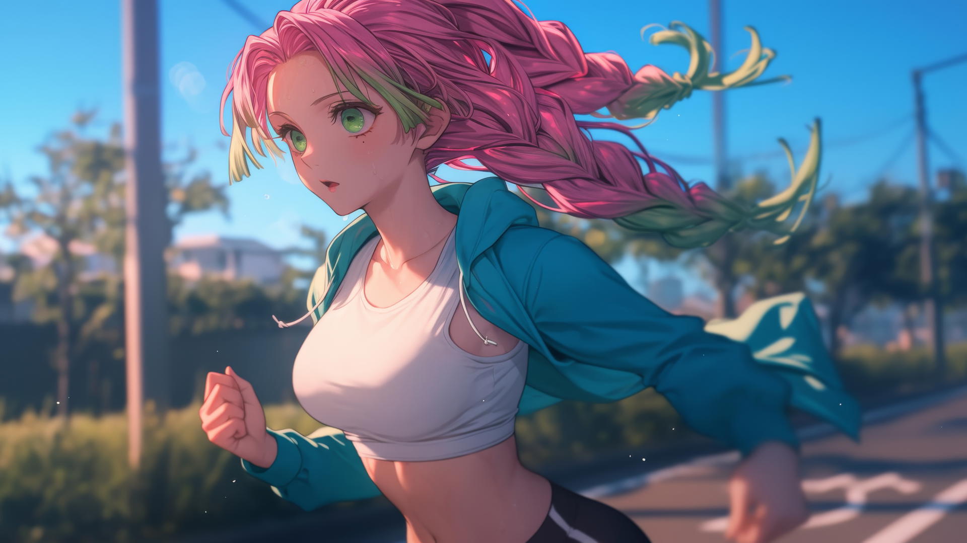 Mitsuri Kanroji running in a modern park at sunrise, warm light glow.