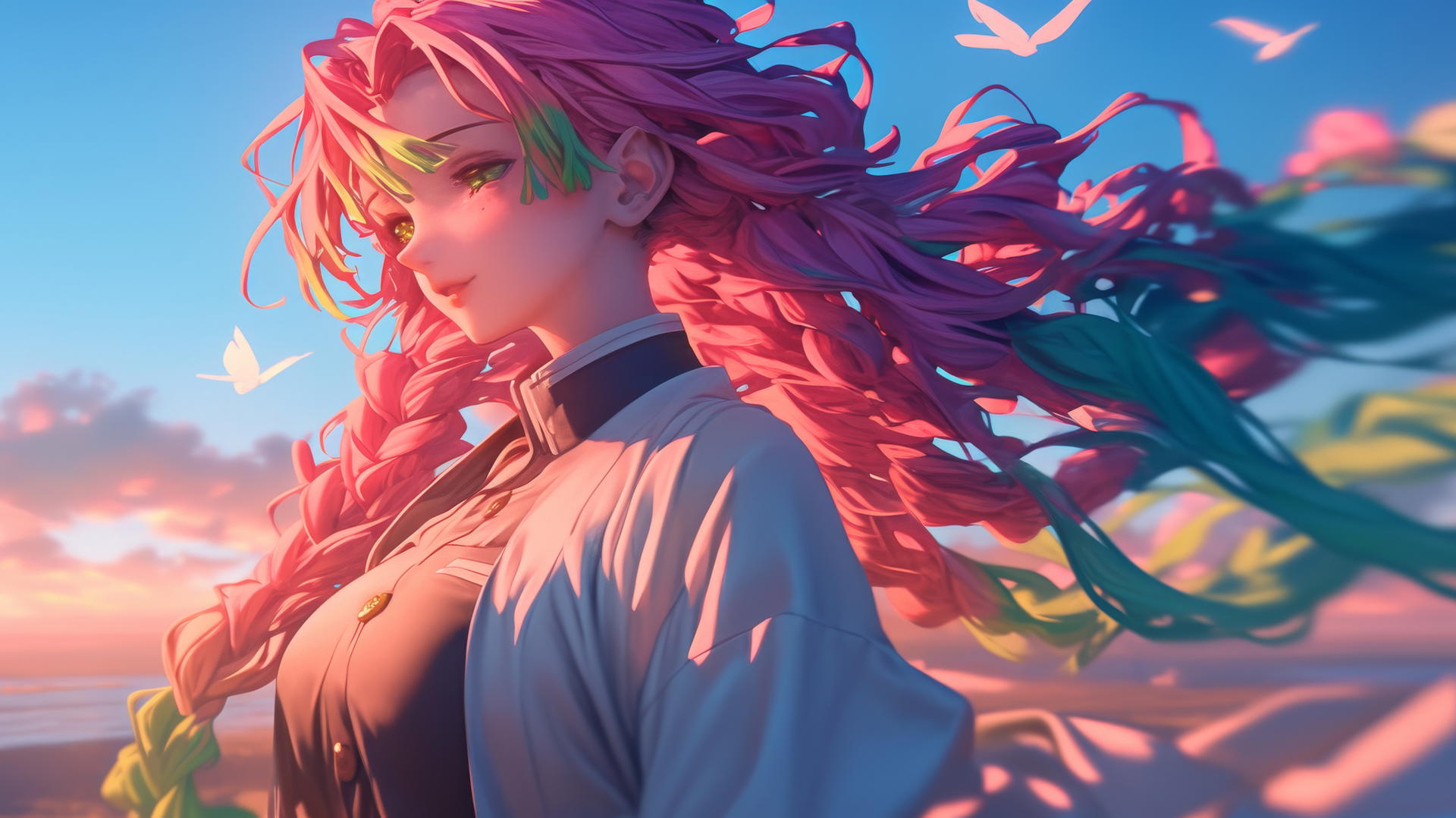 Mitsuri Kanroji from Demon Slayer running in a modern park at sunrise, with warm light highlighting her light pink and lime green hair.