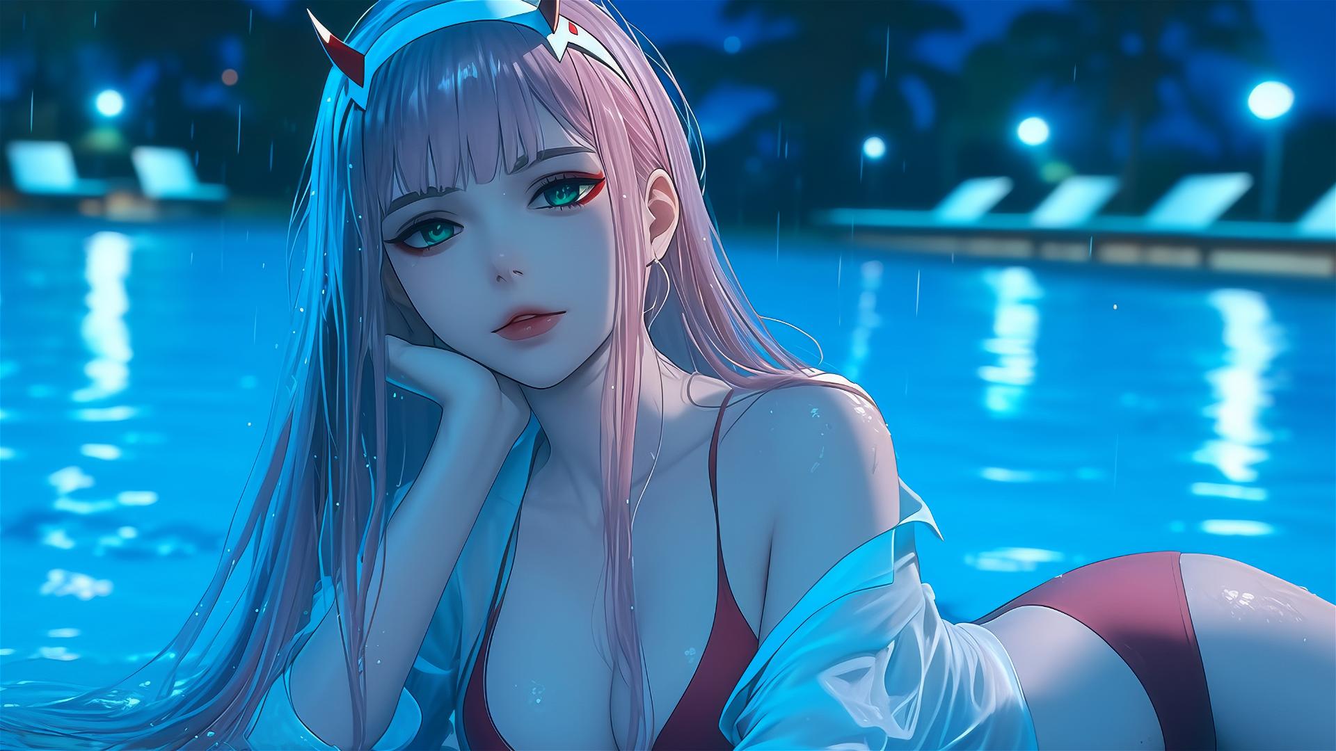 Zero Two from DARLING in the FRANXX resting by a rainy swimming pool, moonlight glow.