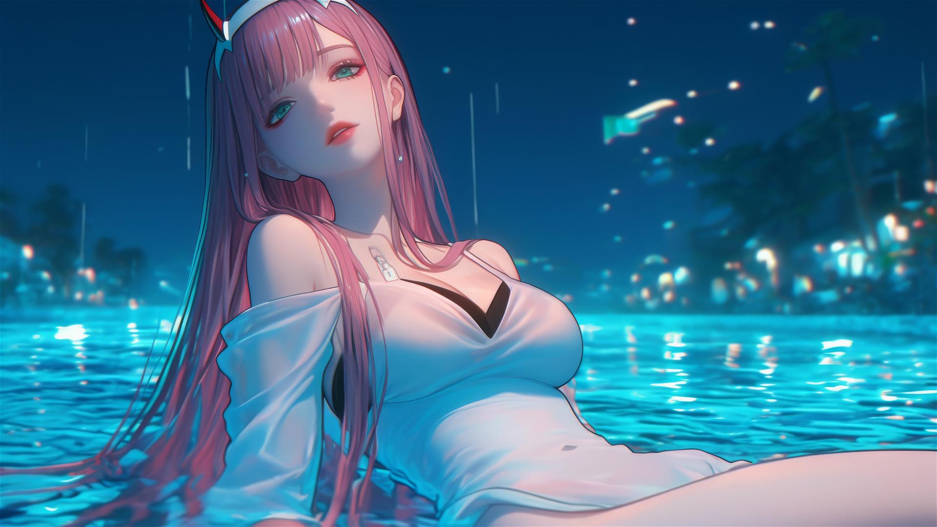 Zero Two from DARLING in the FRANXX resting by a rainy pool in moonlight with long pink hair