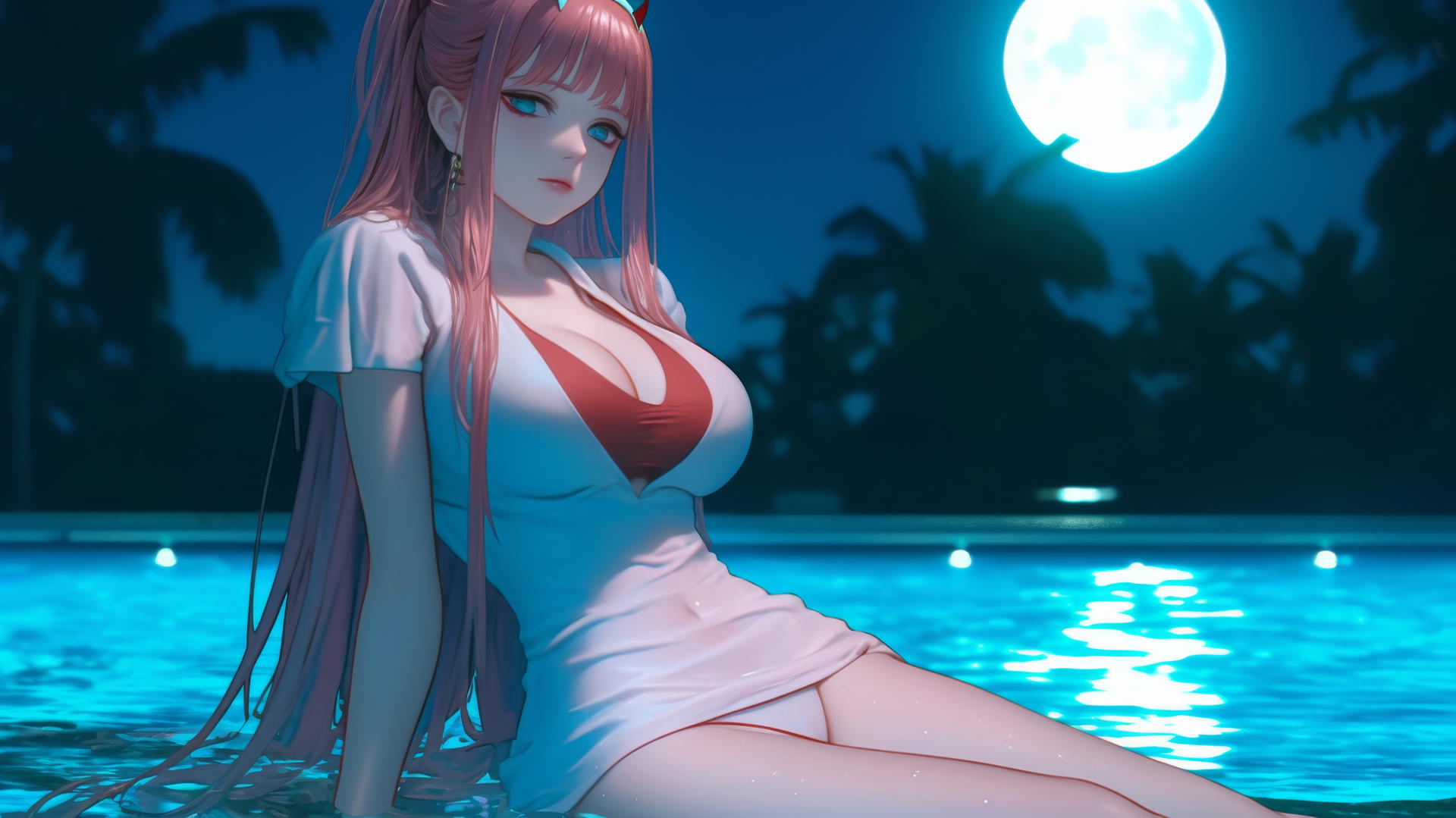 Zero Two from DARLING in the FRANXX resting by a rainy pool with moonlight glow.