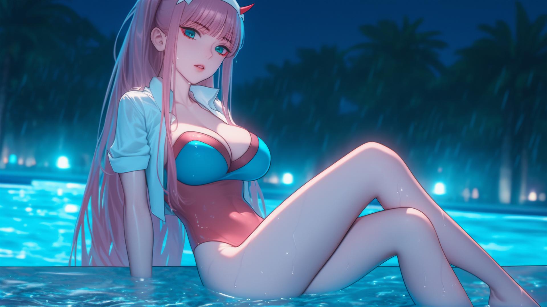 Zero Two from DARLING in the FRANXX resting by a rainy pool with moonlight