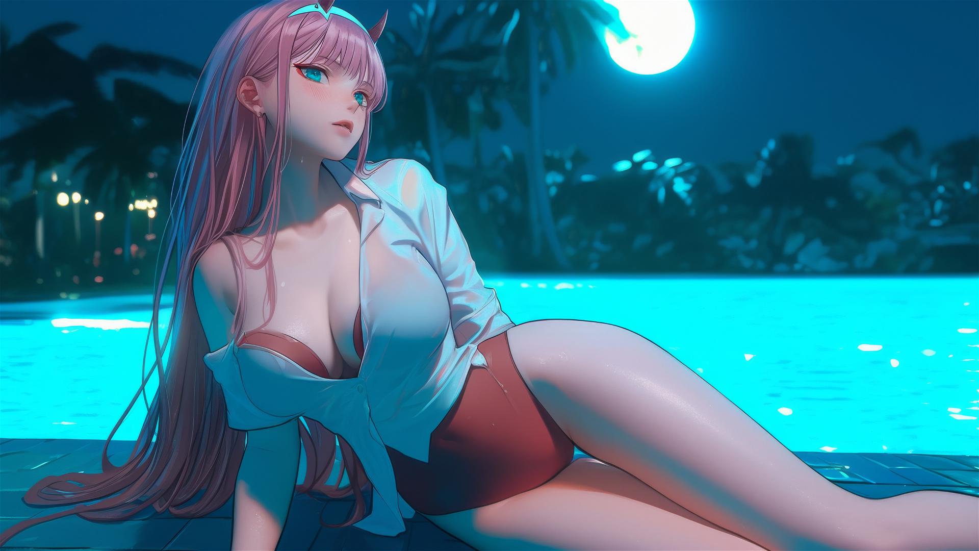 Zero Two resting by a rainy swimming pool under moonlight with long pink hair