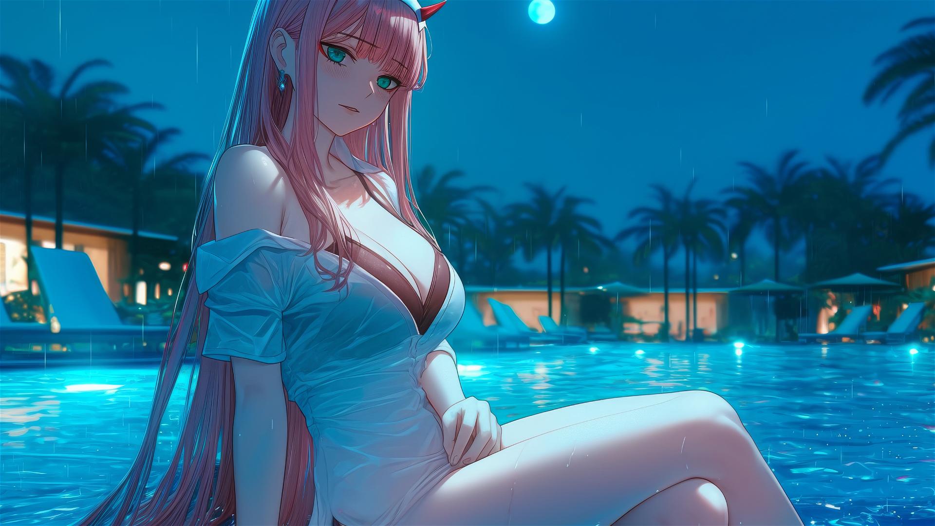 Zero Two from DARLING in the FRANXX resting by a rainy pool under moonlight.