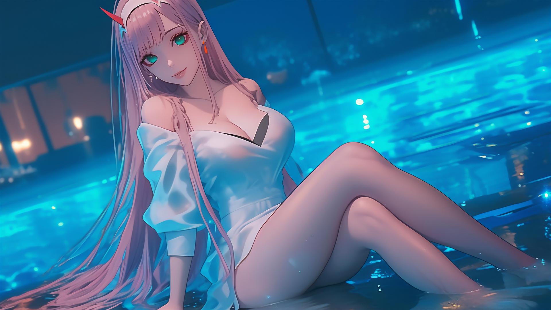 Zero Two from DARLING in the FRANXX resting by a rainy swimming pool under moonlight with long pink hair.