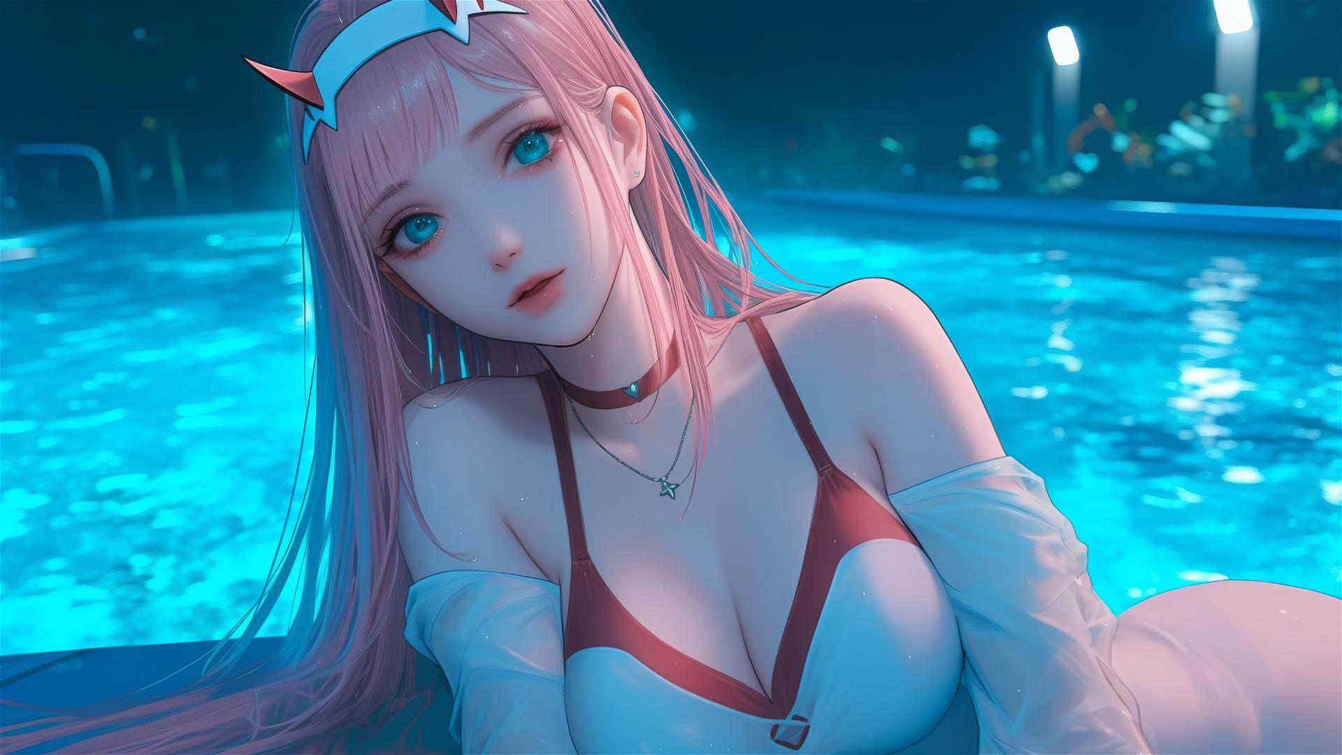 Zero Two from DARLING in the FRANXX resting by a rainy swimming pool under moonlight