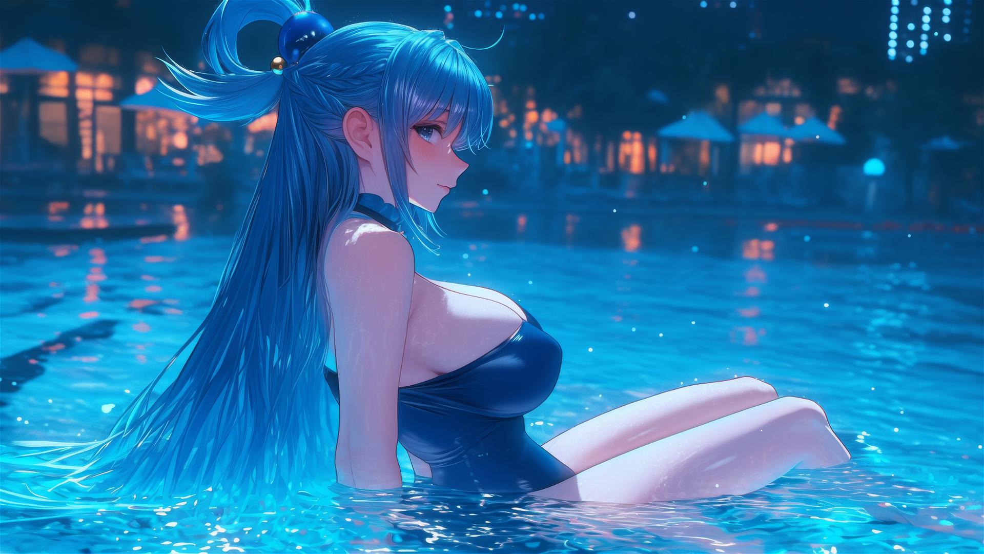 Aqua from KonoSuba relaxing by a rainy swimming pool under moonlight.