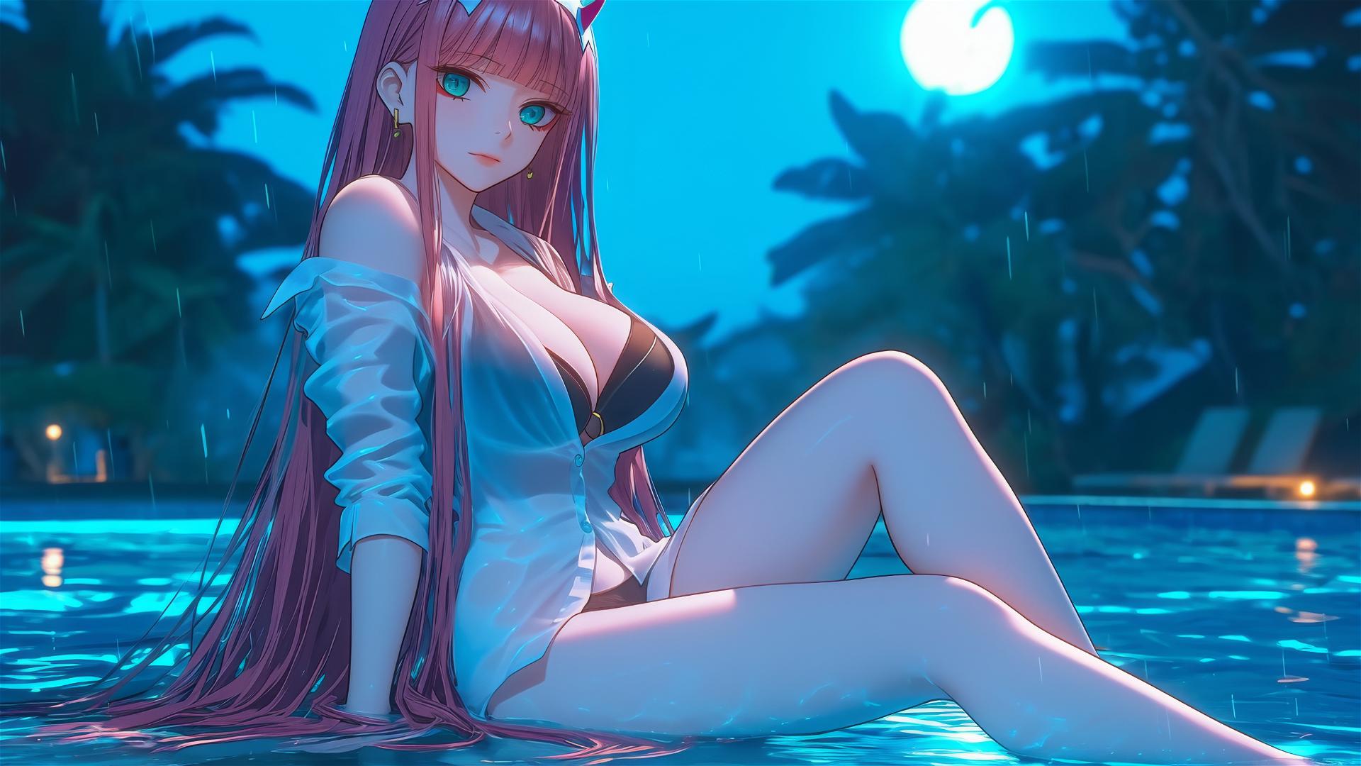 Zero Two from DARLING in the FRANXX resting by a rainy pool, moonlight glow, pink hair.