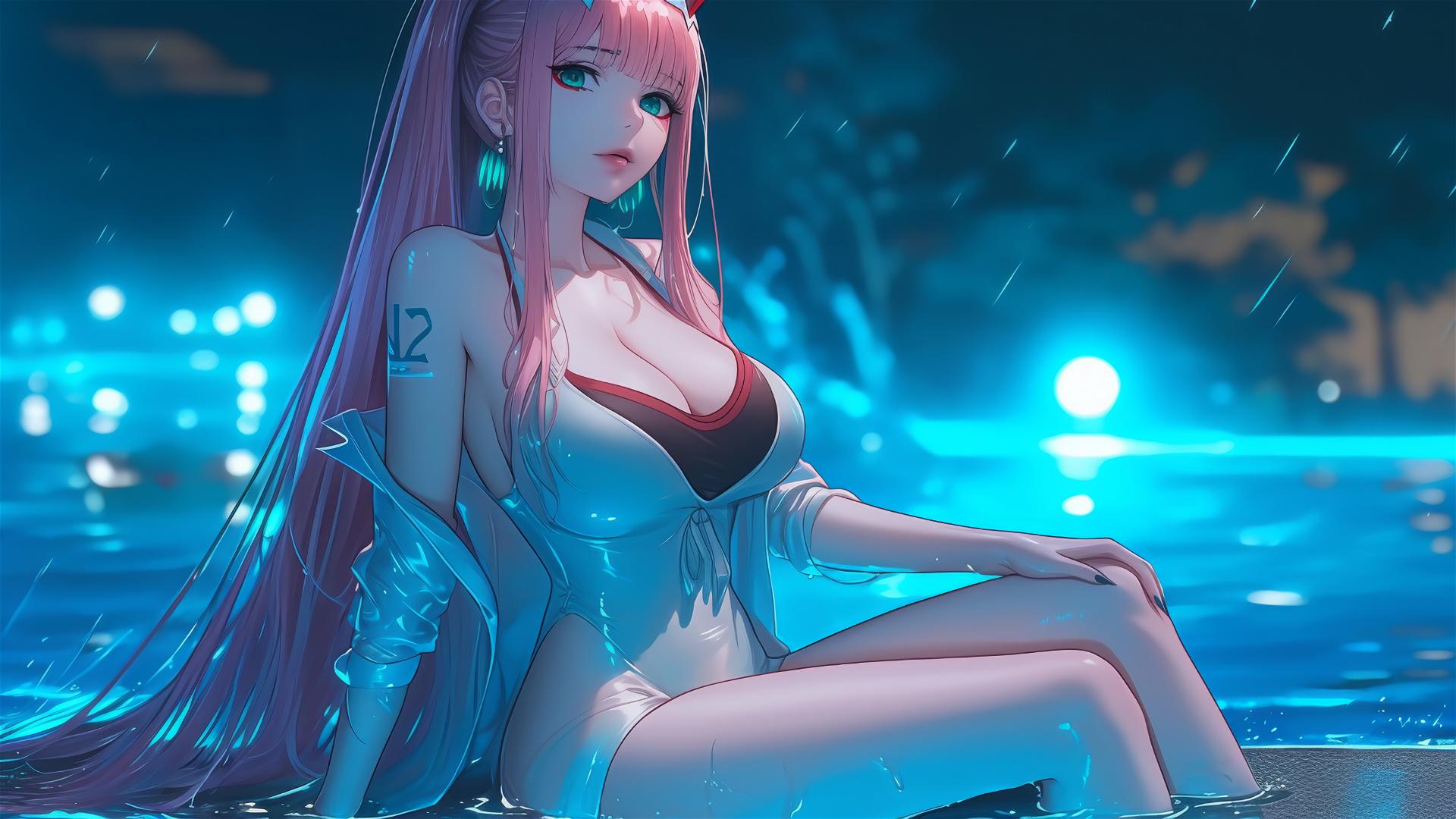 Zero Two from DARLING in the FRANXX resting by a rainy swimming pool illuminated by moonlight.