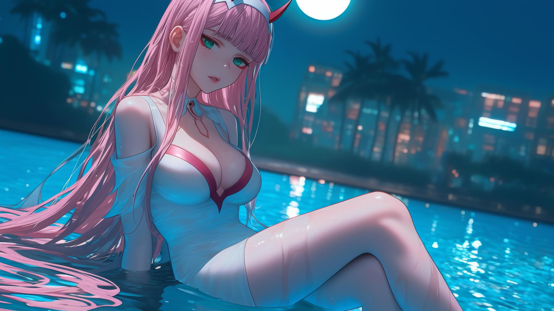 Zero Two from DARLING in the FRANXX resting by a rainy swimming pool under moonlight
