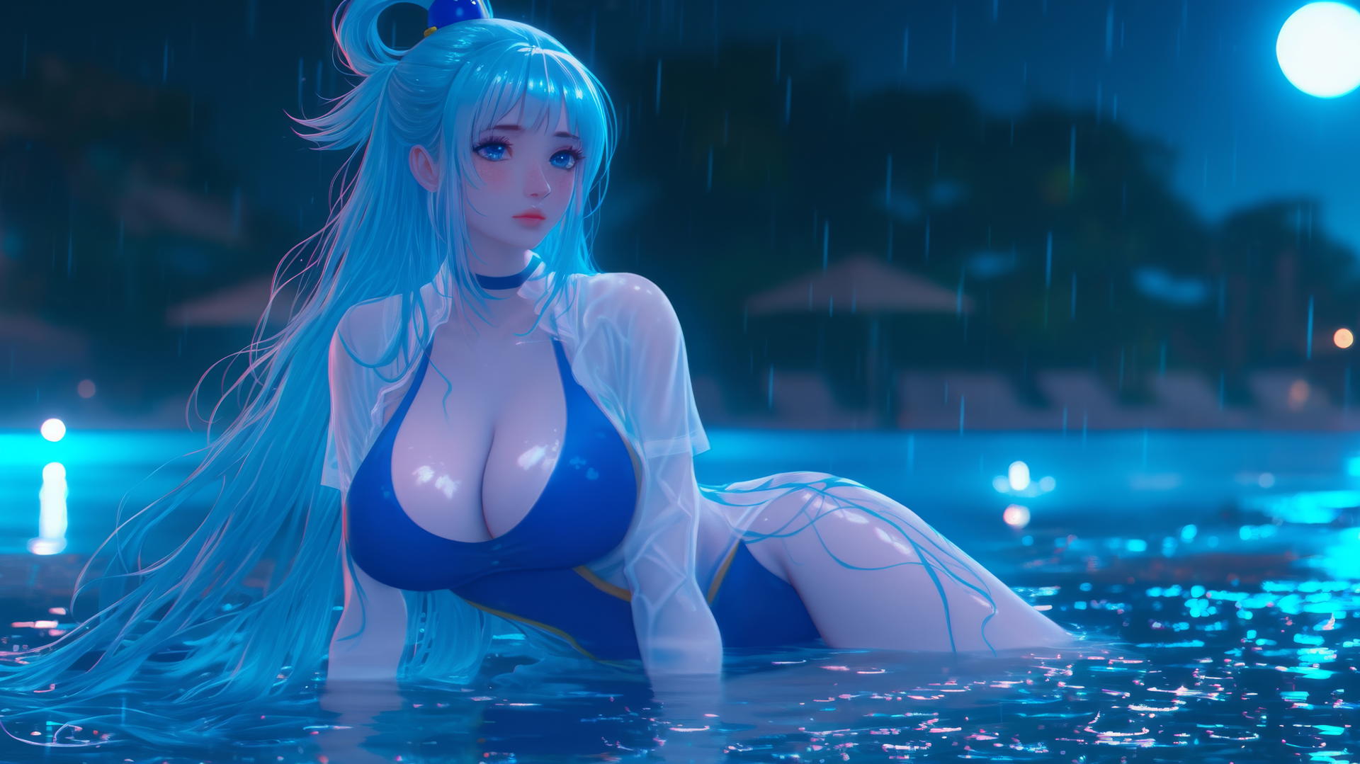 Aqua from KonoSuba resting by a rainy swimming pool under moonlight